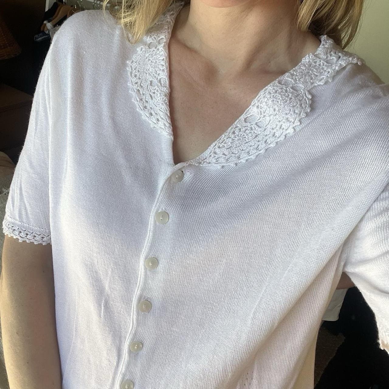 Just Jeans White Lace Blouse 10 Pointelle Knit Soft Viscose Prairie Cottagecore — photo 2 of 8