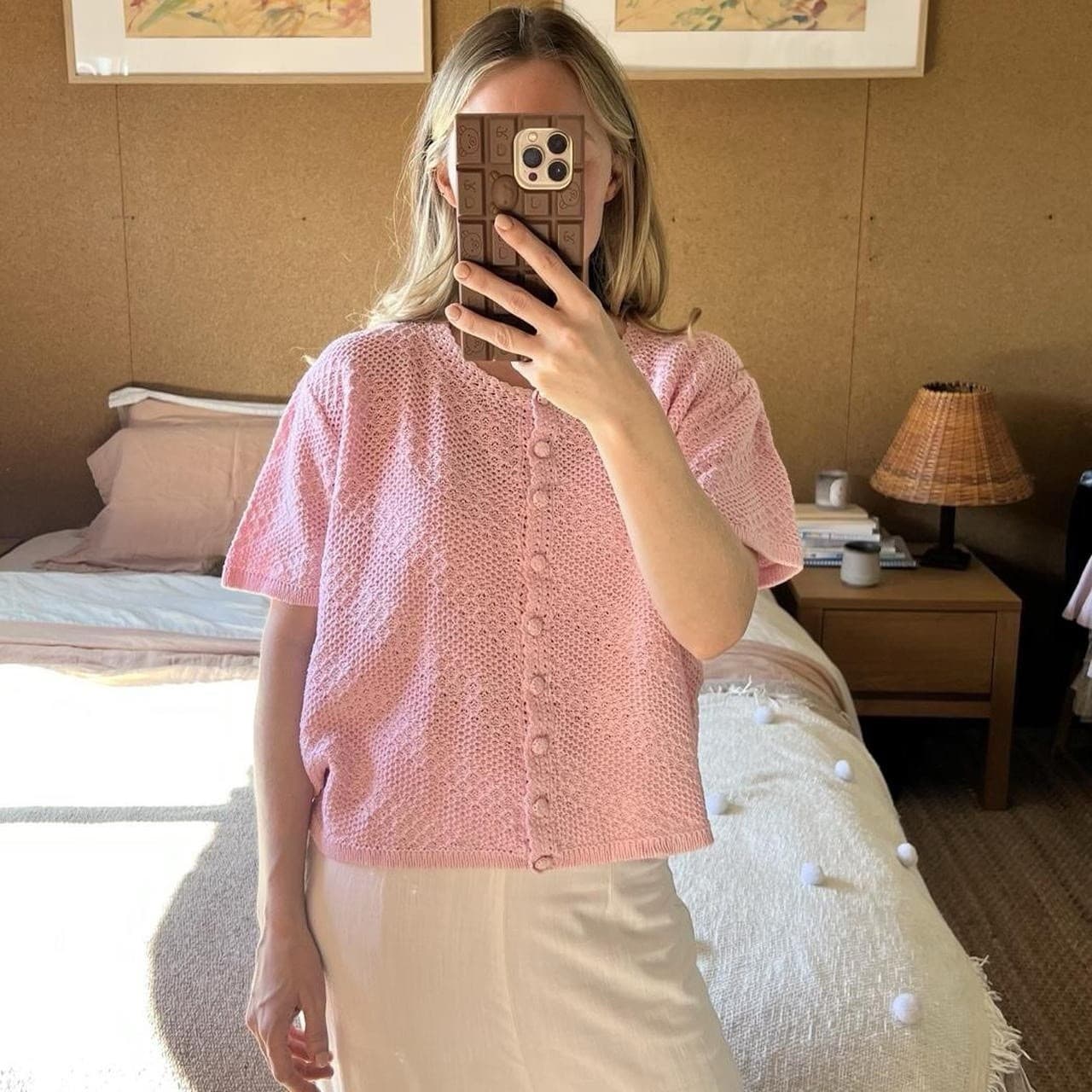 Vintage Pink Knit Cardigan Blouse Pastel Boxy Short Sleeve Cottagecore Coquette — photo 1 of 8