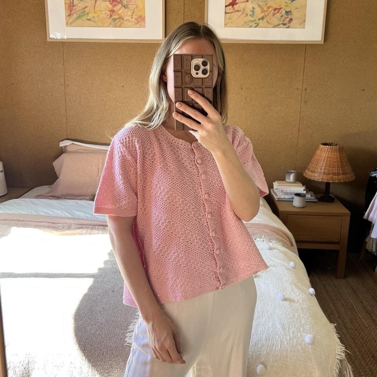 Vintage Pink Knit Cardigan Blouse Pastel Boxy Short Sleeve Cottagecore Coquette — photo 2 of 8