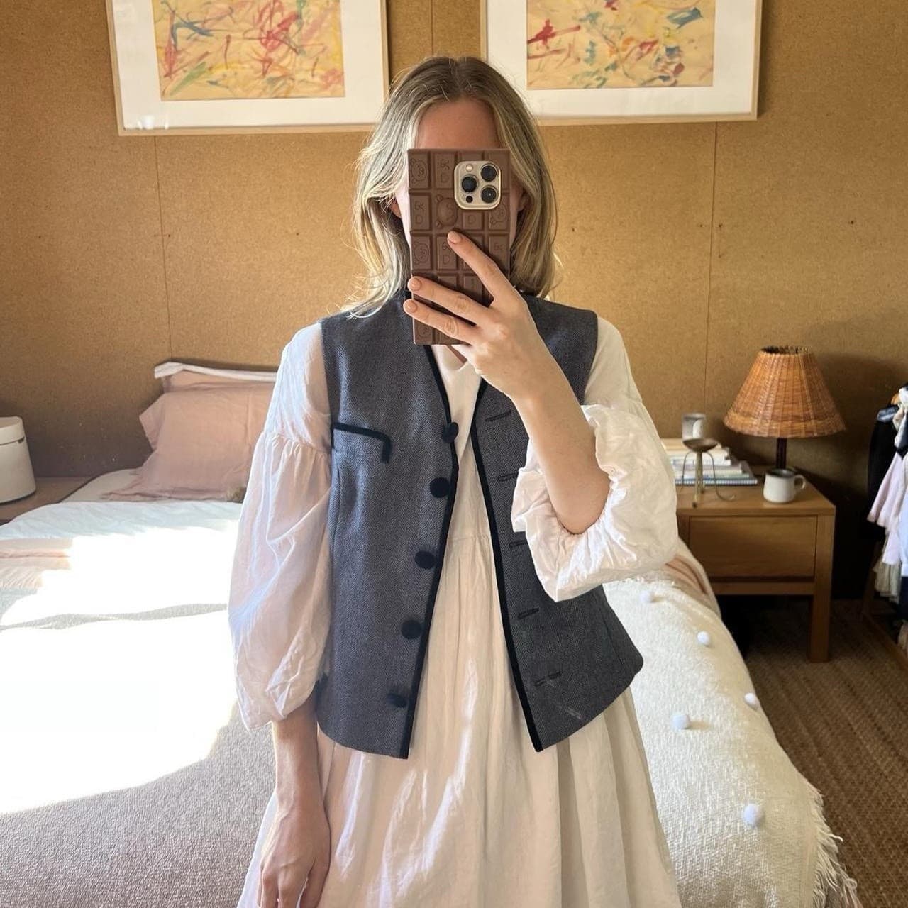 Vintage ORIGINAL LANZ Salzburg Wool Vest 40 S Grey Herringbone Velvet Folk — photo 1 of 8