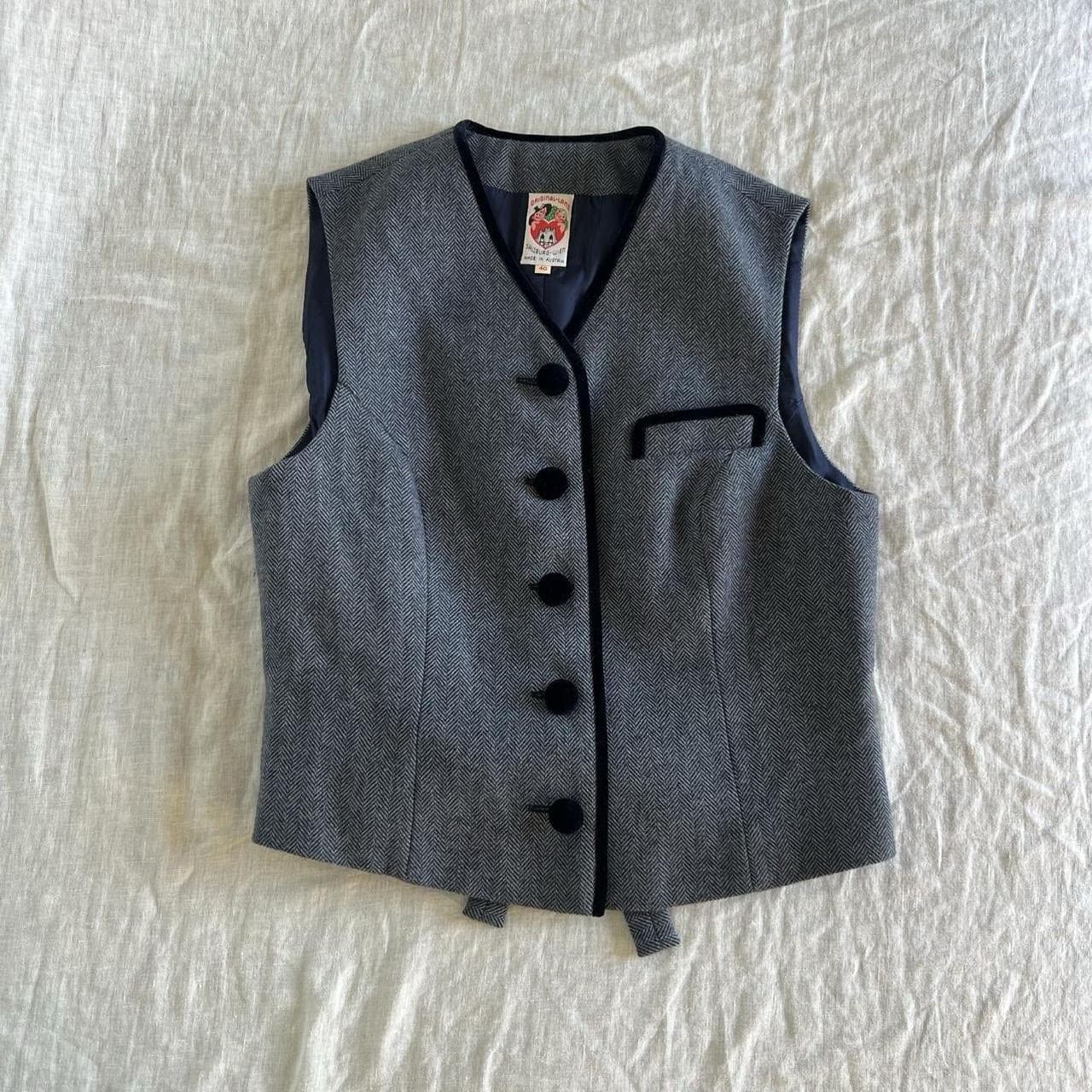 Vintage ORIGINAL LANZ Salzburg Wool Vest 40 S Grey Herringbone Velvet Folk — photo 3 of 8