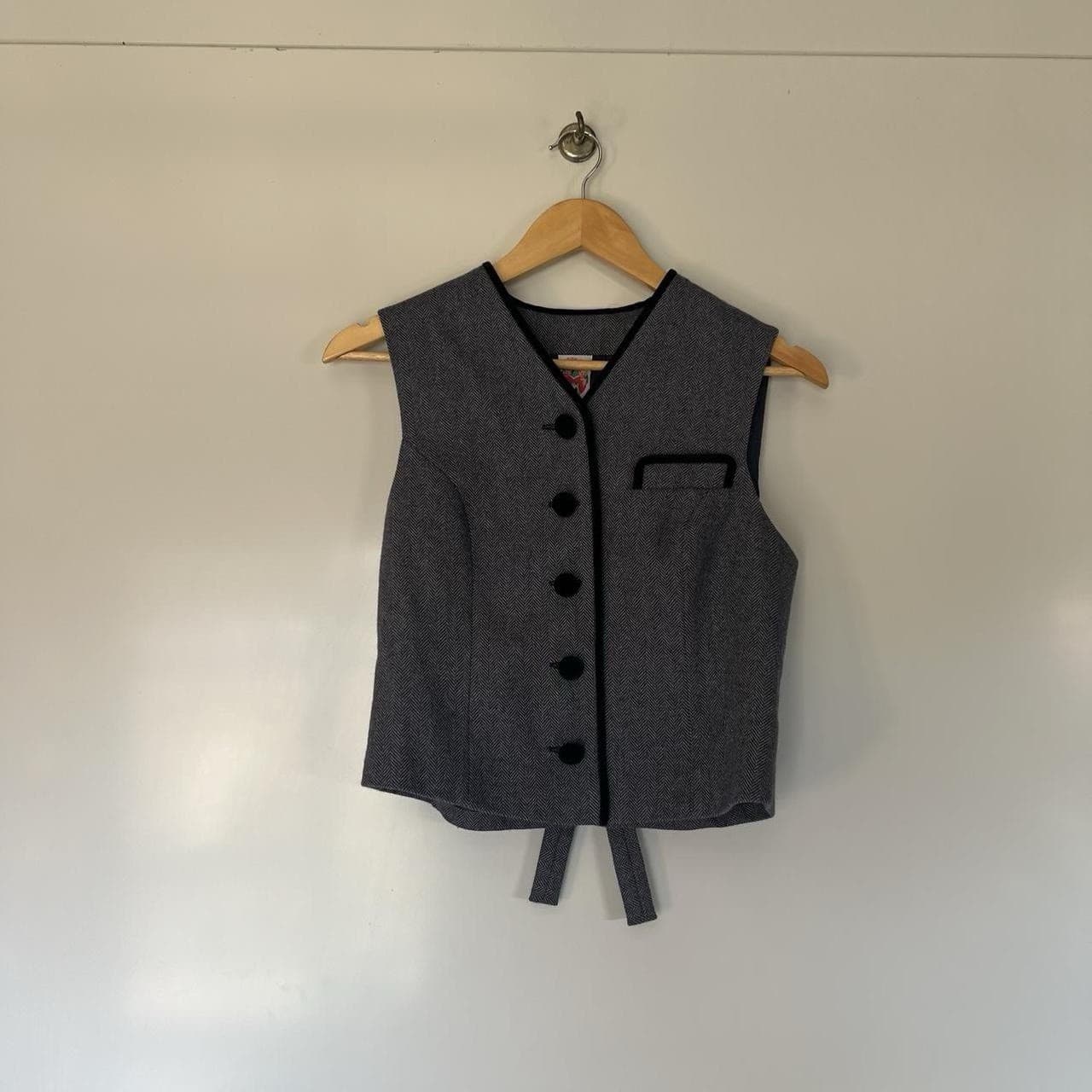 Vintage ORIGINAL LANZ Salzburg Wool Vest 40 S Grey Herringbone Velvet Folk — photo 4 of 8
