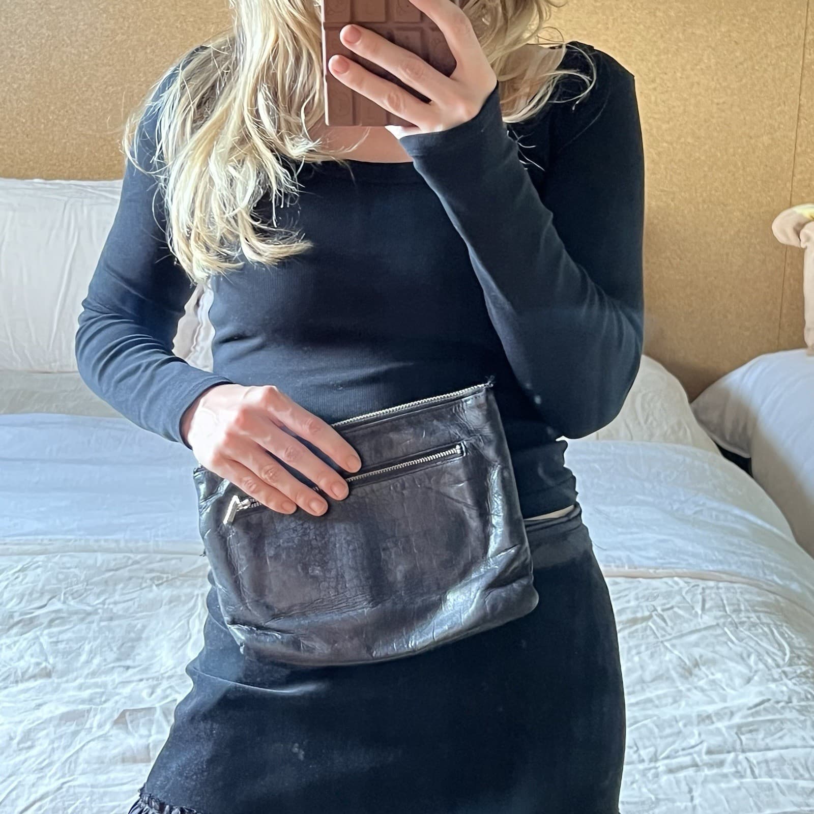 Status Anxiety Black Croc Embossed Leather Clutch Pouch Bag Minimalist Y2K — photo 8 of 9