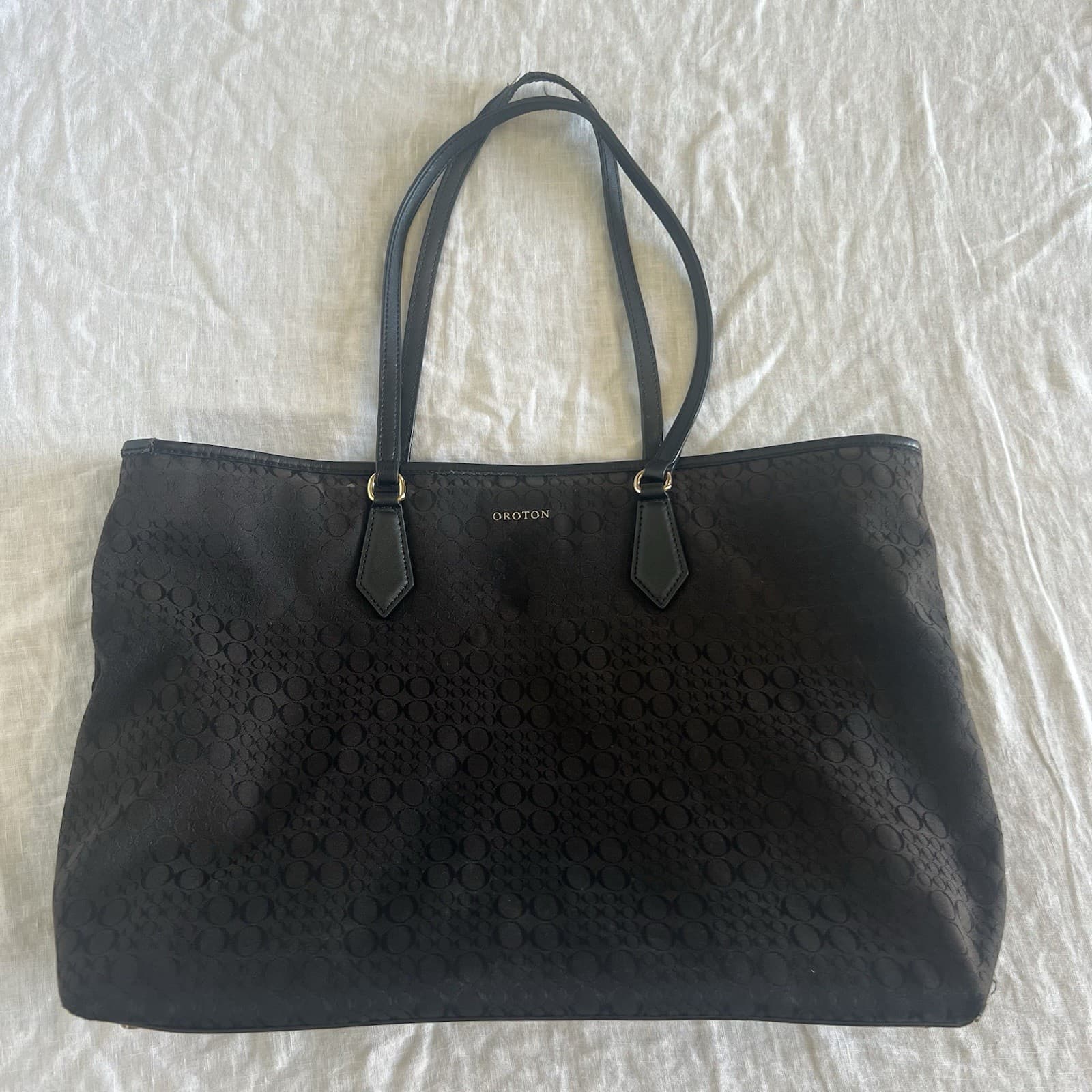Oroton Lily Monogram Tote Bag Black Canvas Leather Laptop Work Shoulder Bag — photo 2 of 12