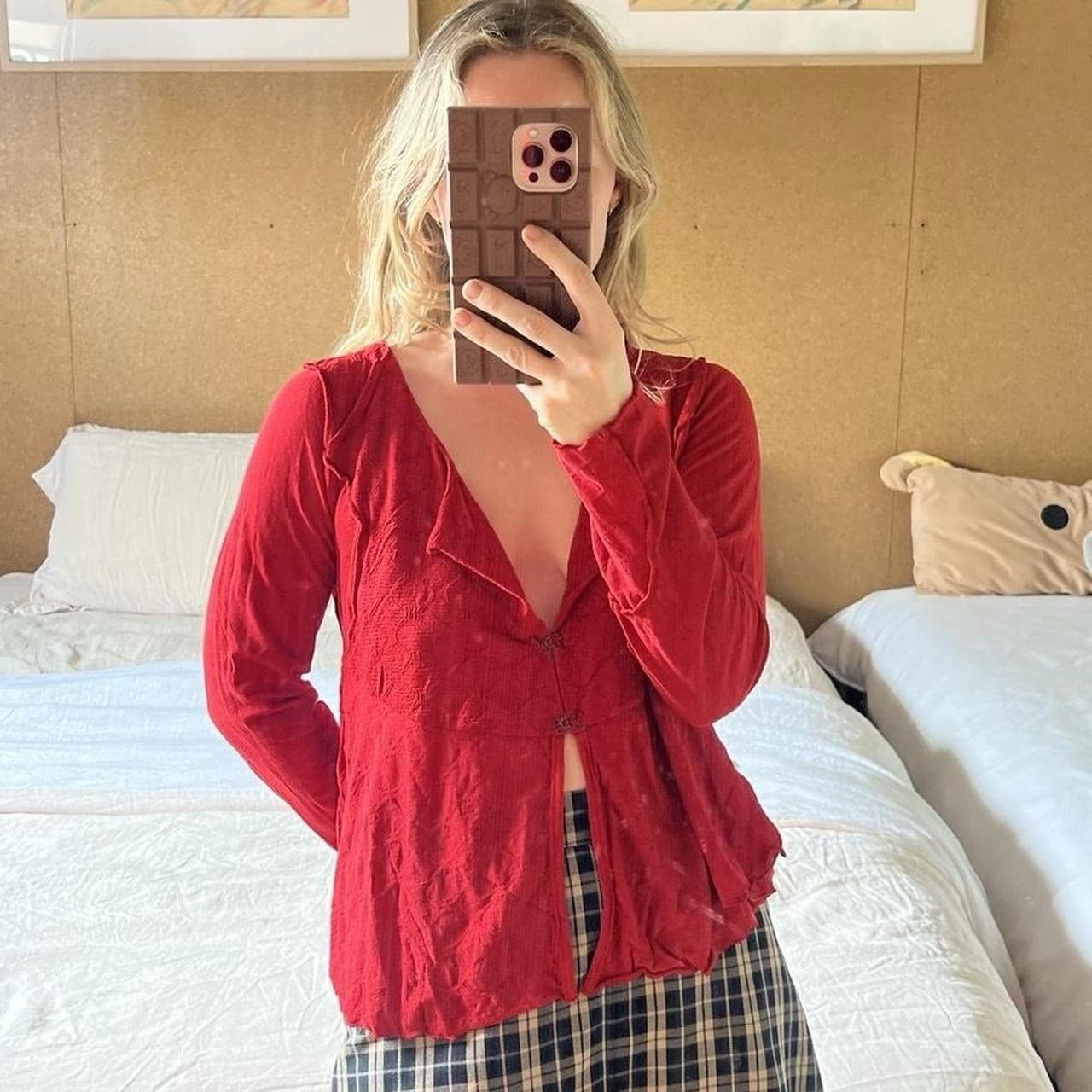 Y2K Vintage Red Hook Front Cardigan Knit Top Flare Hem Wool Blend M L It Girl — photo 1 of 8