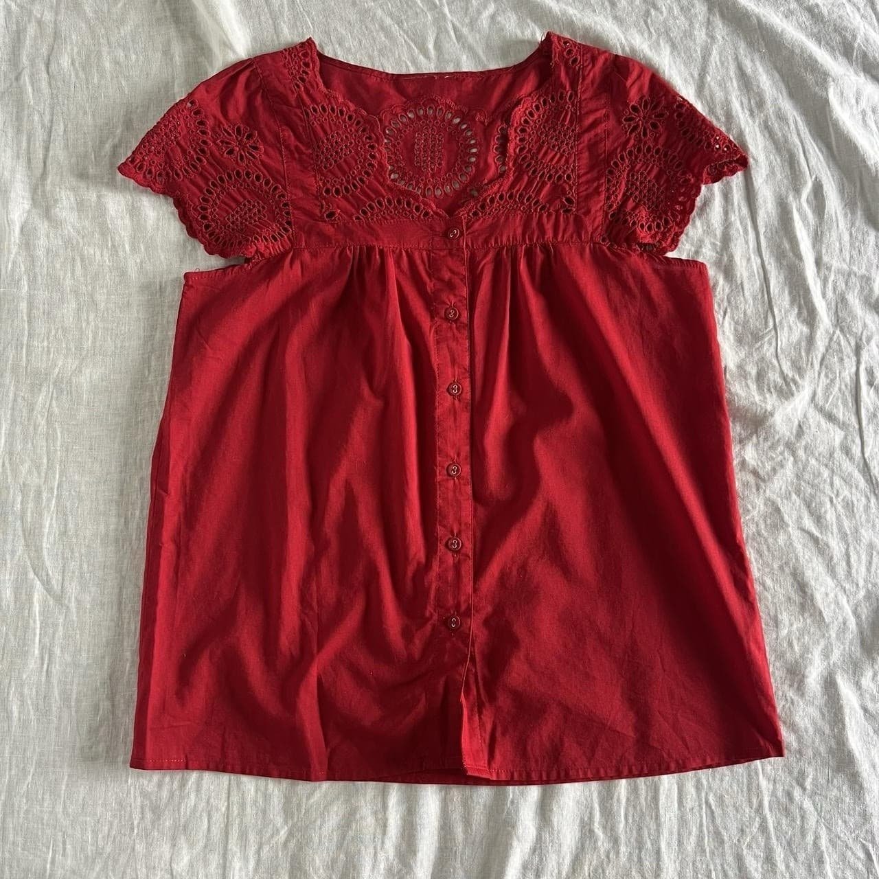 Ruby Red Lace Detail Blouse Prairie Cottagecore Button Up Romantic Size M — photo 3 of 7