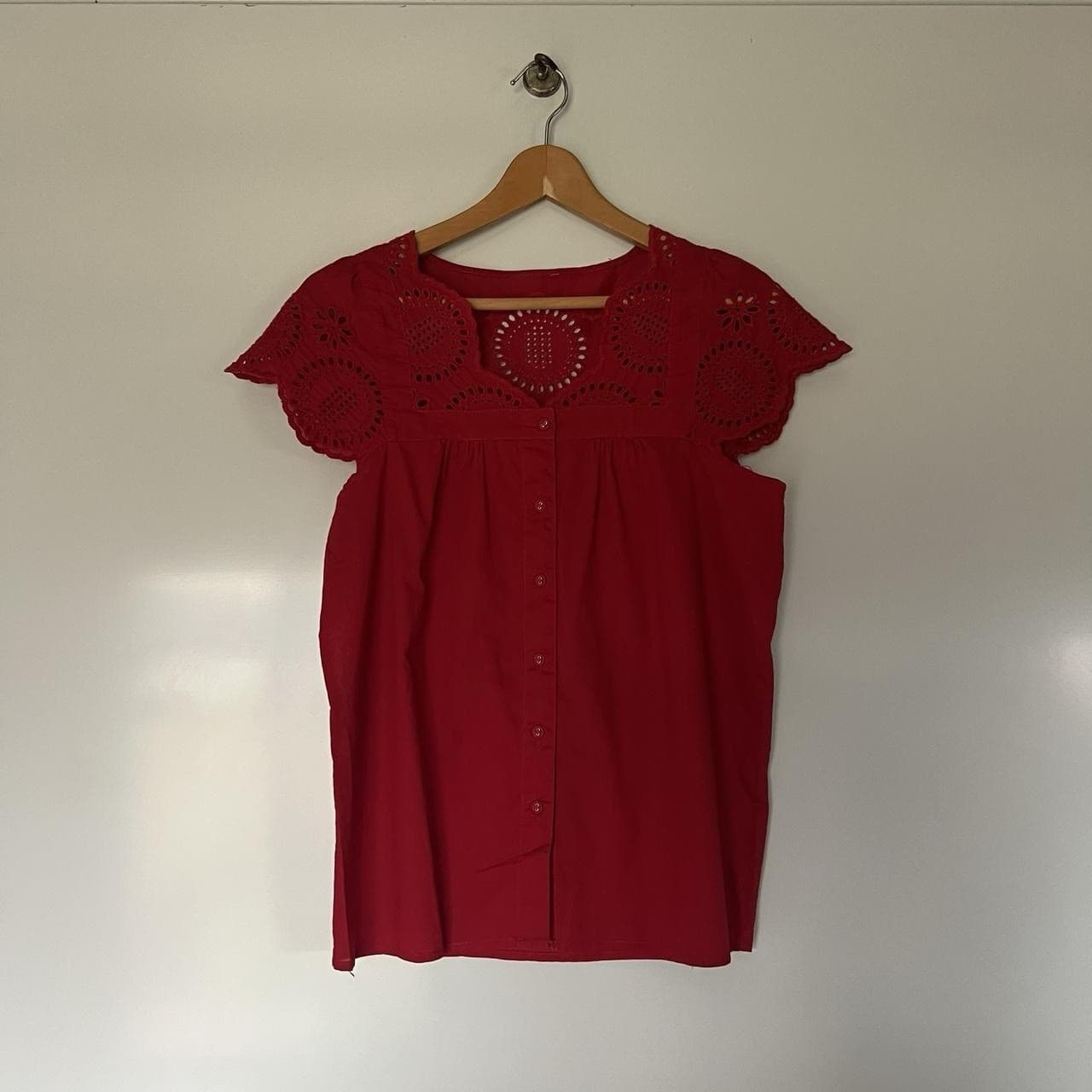 Ruby Red Lace Detail Blouse Prairie Cottagecore Button Up Romantic Size M — photo 4 of 7
