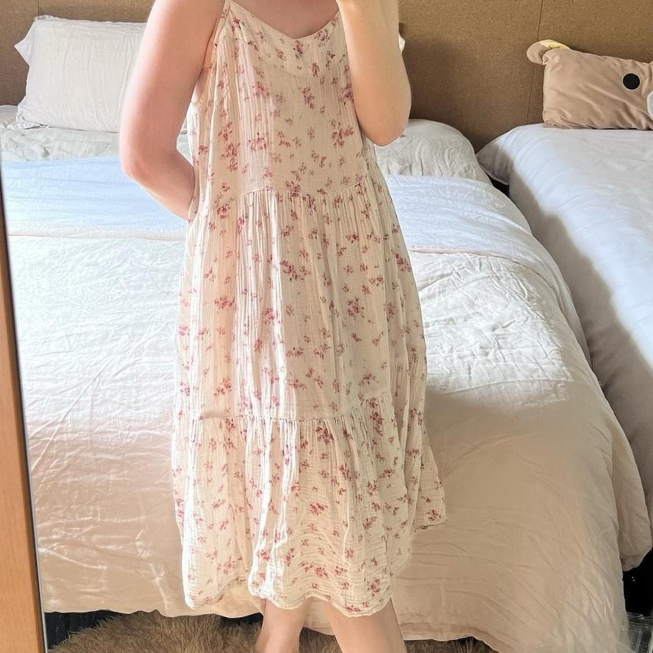 Cream Pink Floral Midi Dress Cotton Muslin Babydoll Tiered Prairie Size S — photo 1 of 8