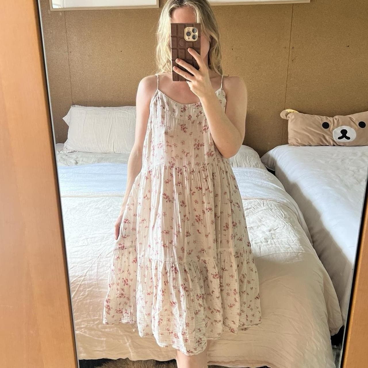 Cream Pink Floral Midi Dress Cotton Muslin Babydoll Tiered Prairie Size S — photo 2 of 8