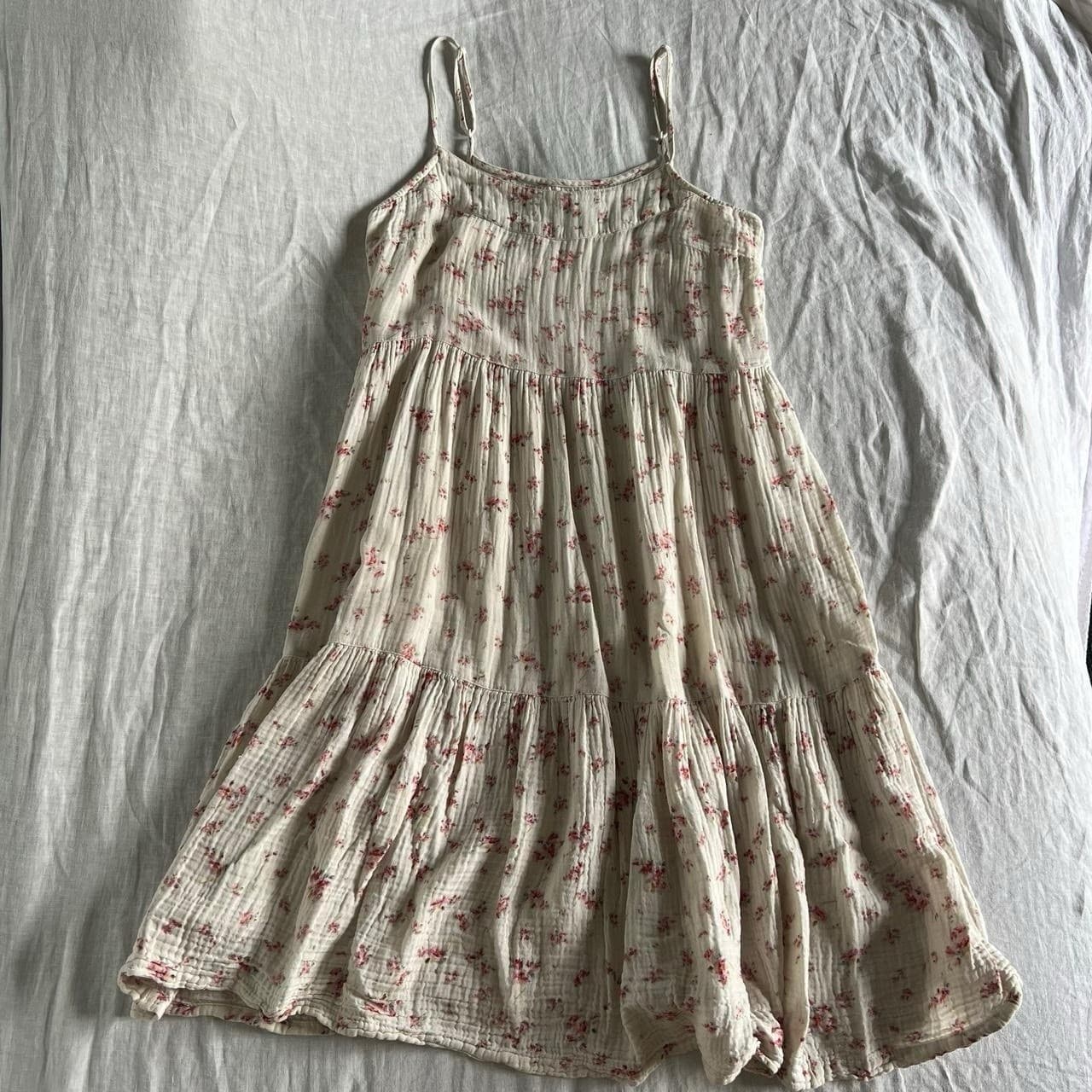 Cream Pink Floral Midi Dress Cotton Muslin Babydoll Tiered Prairie Size S — photo 3 of 8