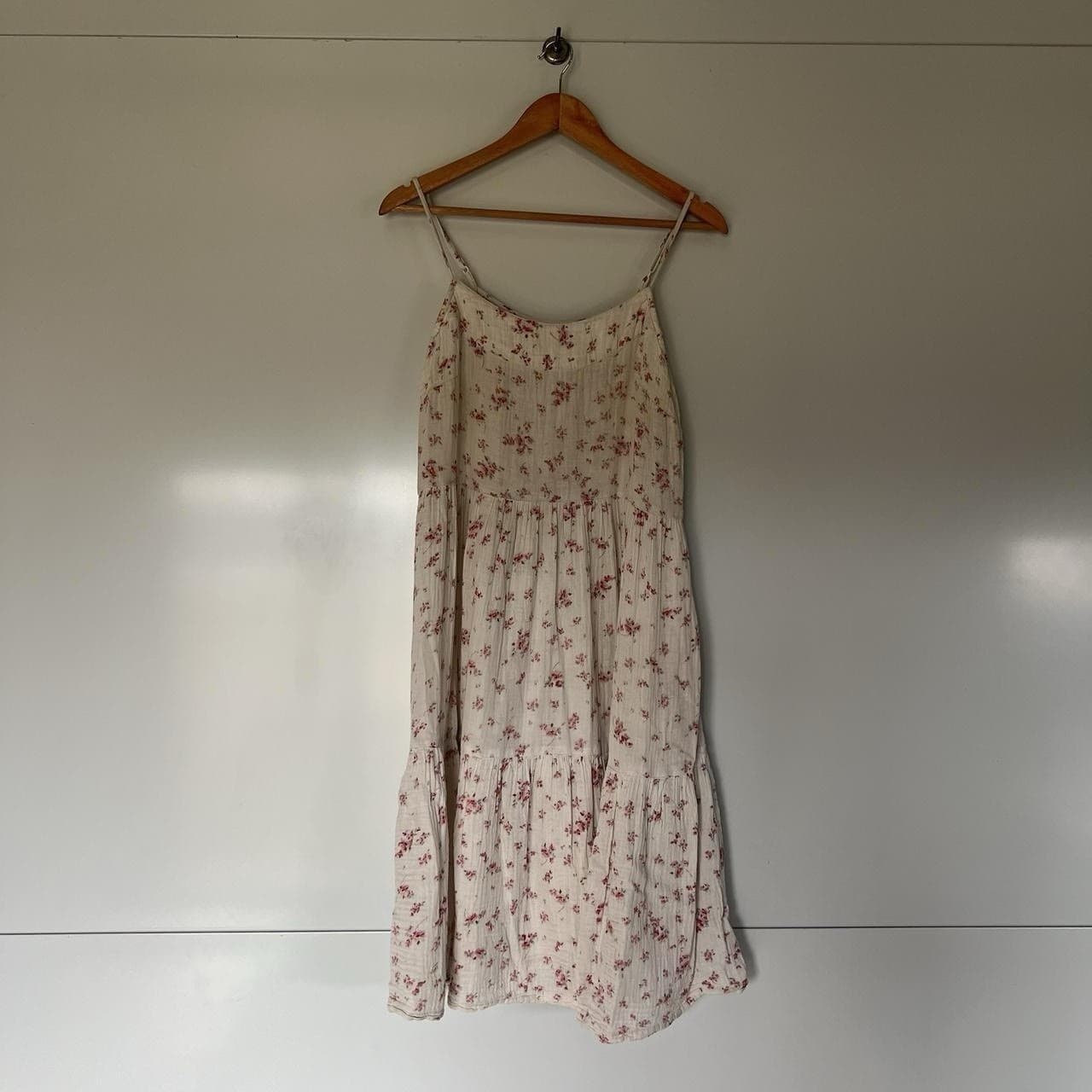 Cream Pink Floral Midi Dress Cotton Muslin Babydoll Tiered Prairie Size S — photo 4 of 8