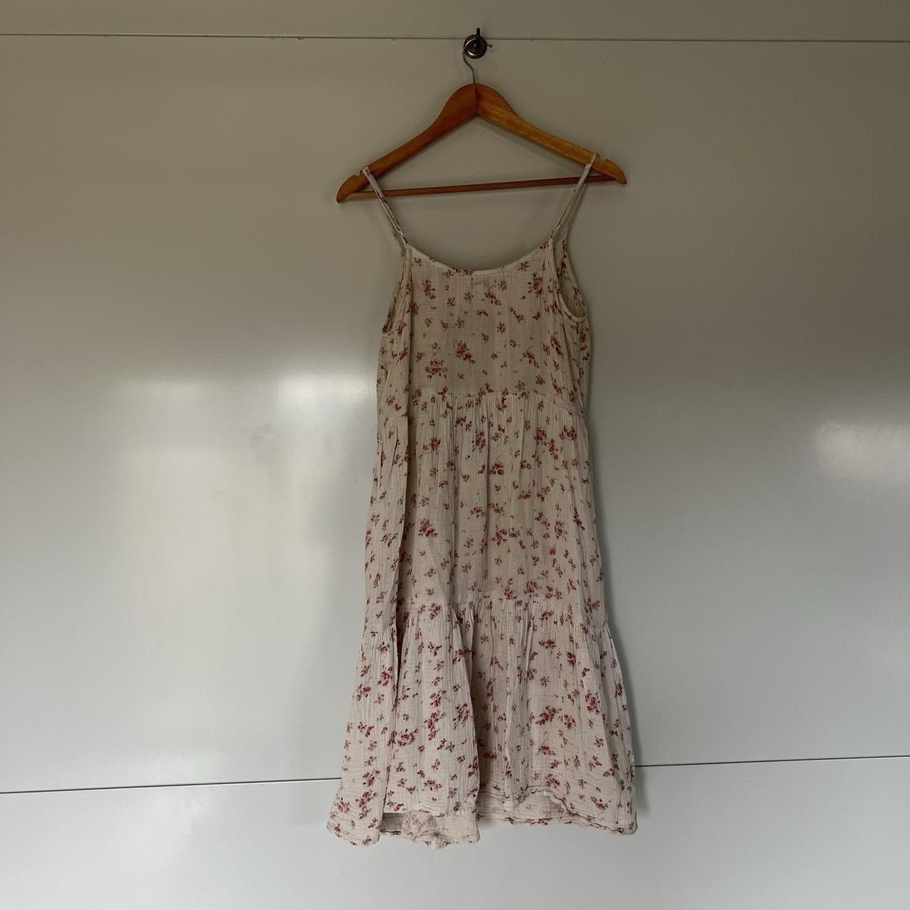 Cream Pink Floral Midi Dress Cotton Muslin Babydoll Tiered Prairie Size S — photo 5 of 8