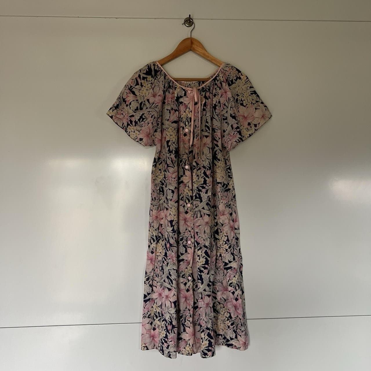 Vintage Ralstan Navy Pink Floral Maxi Dress Gown Prairie Romantic Size M 70s — photo 3 of 8