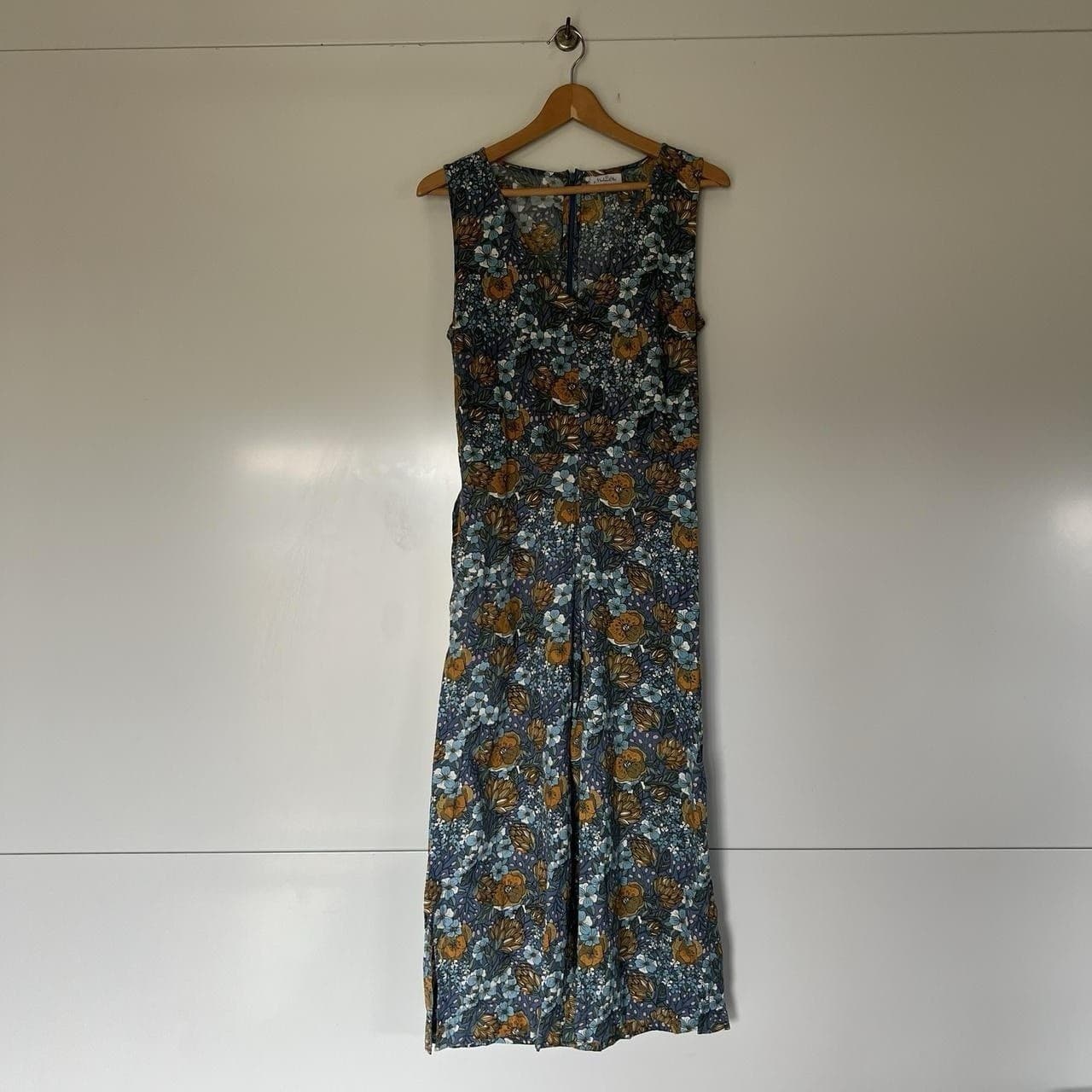 MahaShe Blue Dahlia Floral Cotton Jumpsuit Ava Tie Waist Boho Size 10 Romantic — photo 4 of 8