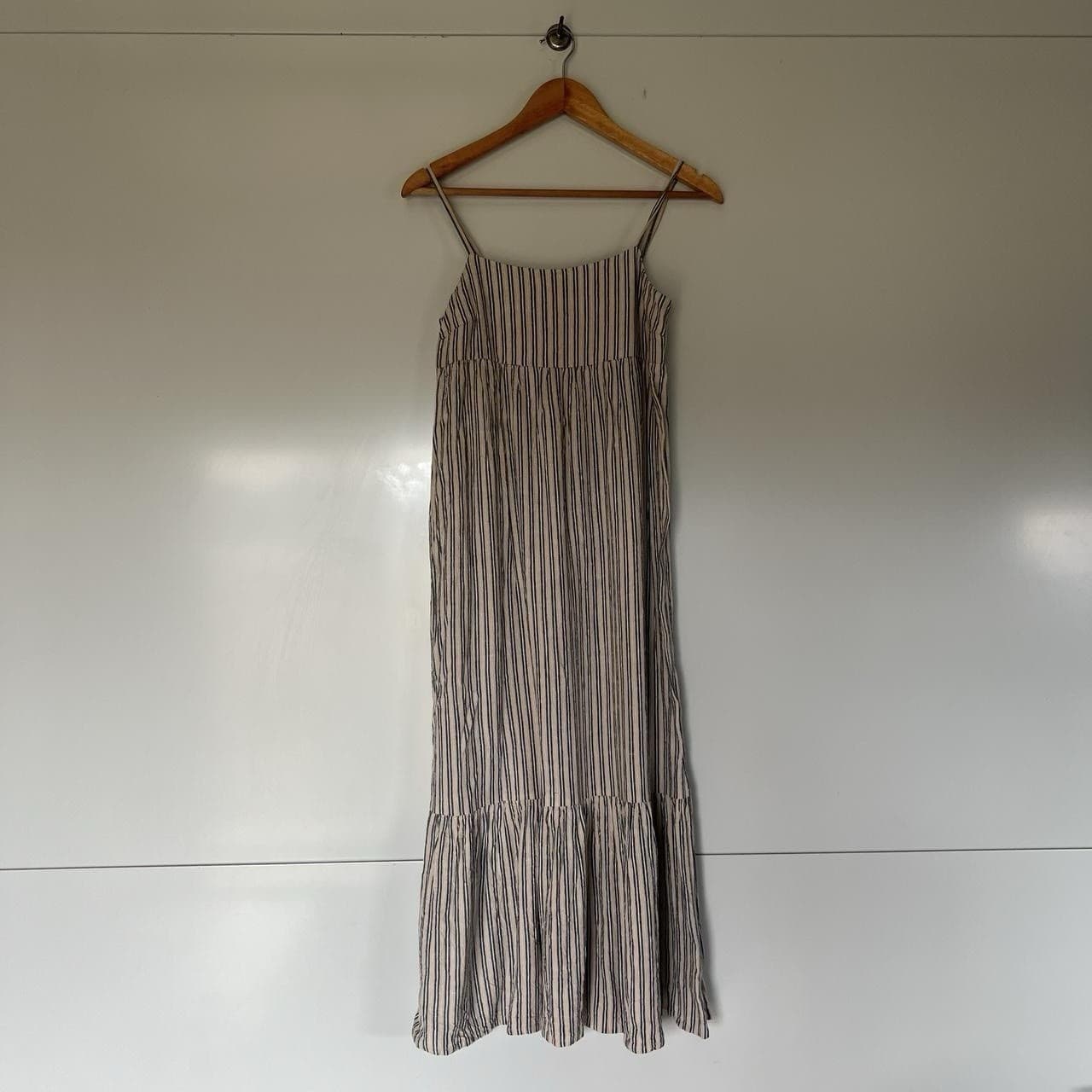 Blue Striped Linen Maxi Dress Romantic Coastal Prairie Tiered Babydoll Size 8 — photo 3 of 6