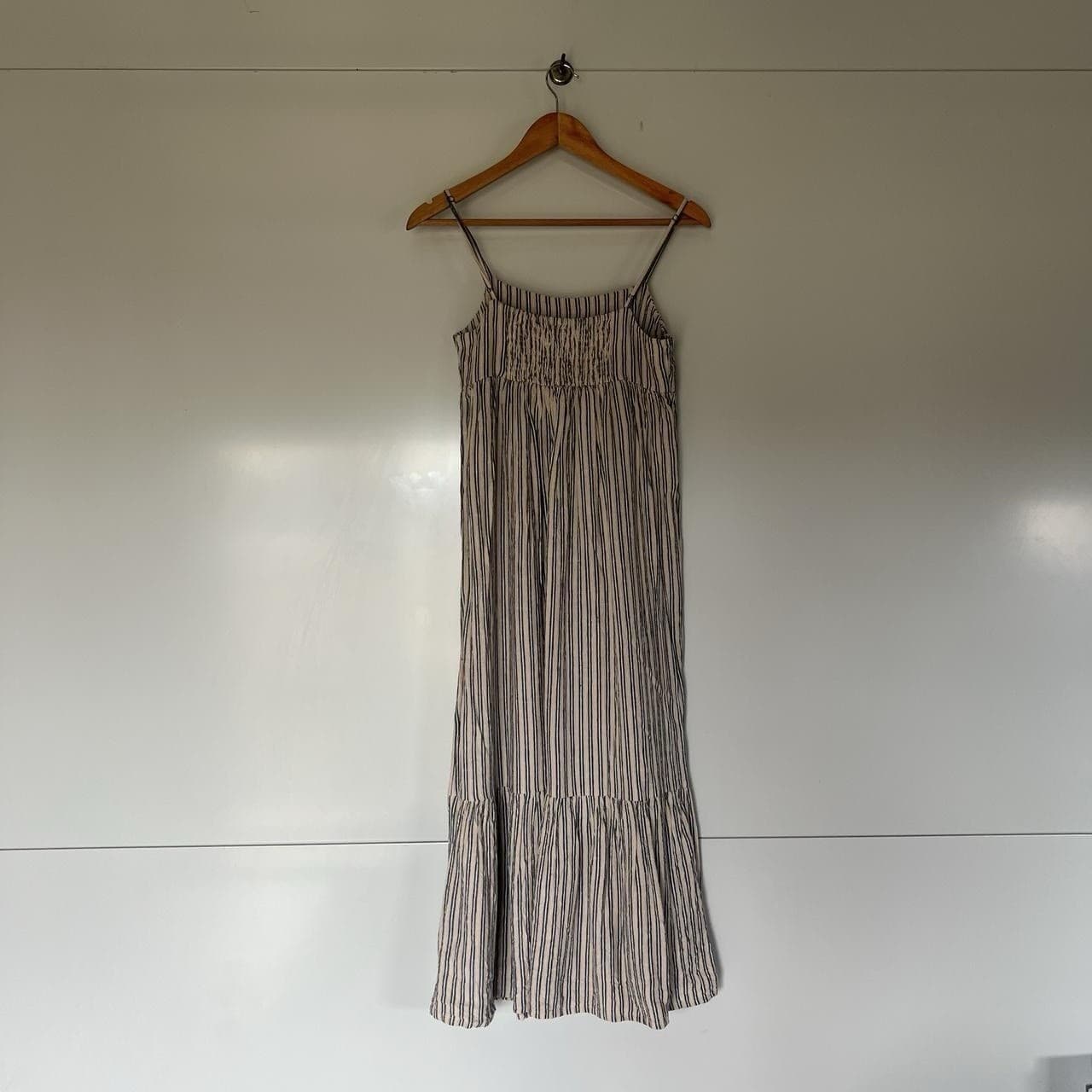 Blue Striped Linen Maxi Dress Romantic Coastal Prairie Tiered Babydoll Size 8 — photo 4 of 6
