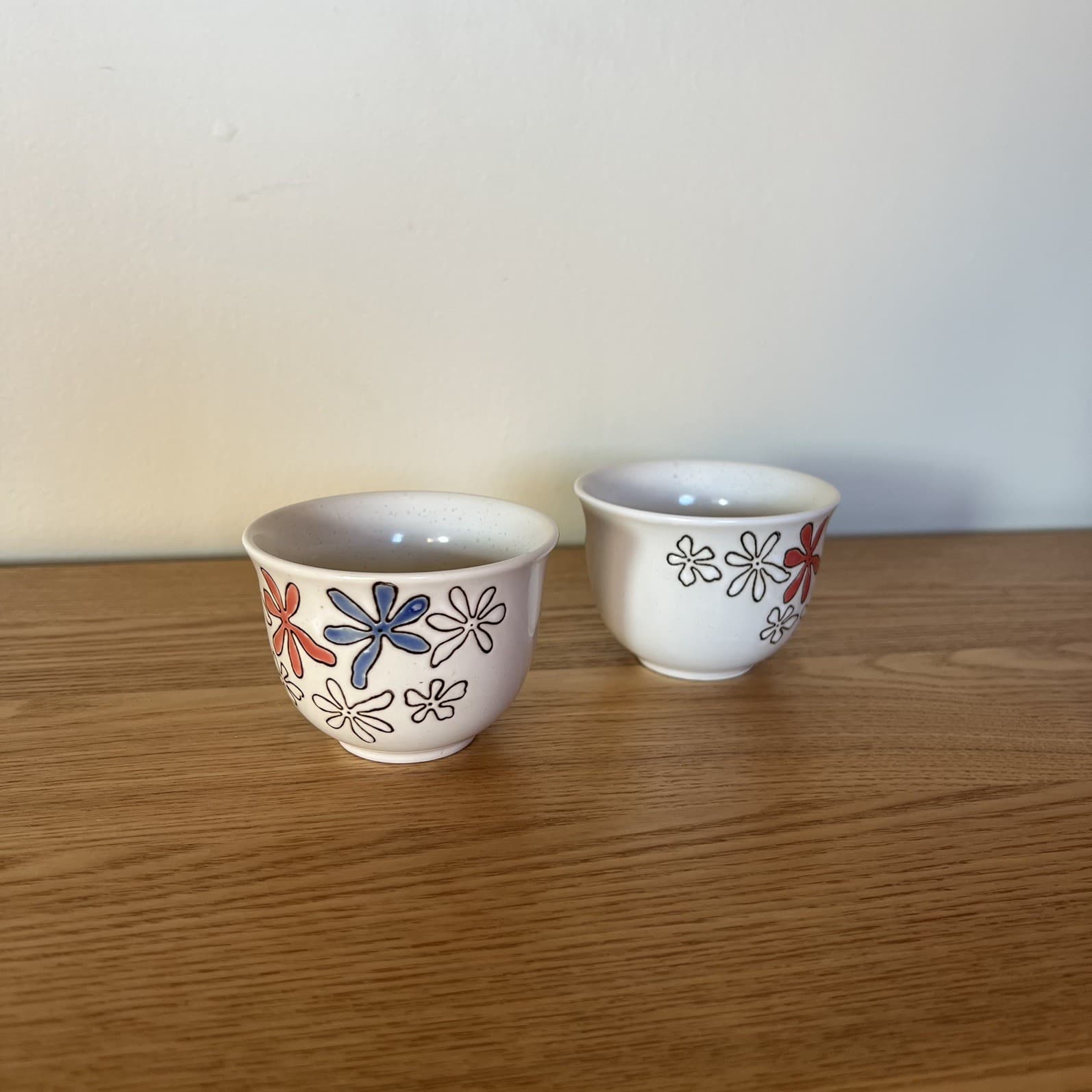 Vintage Japanese Tea Cups Set Of Two Handleless Blue Red Embossed Floral Ceramic — photo 1 of 7