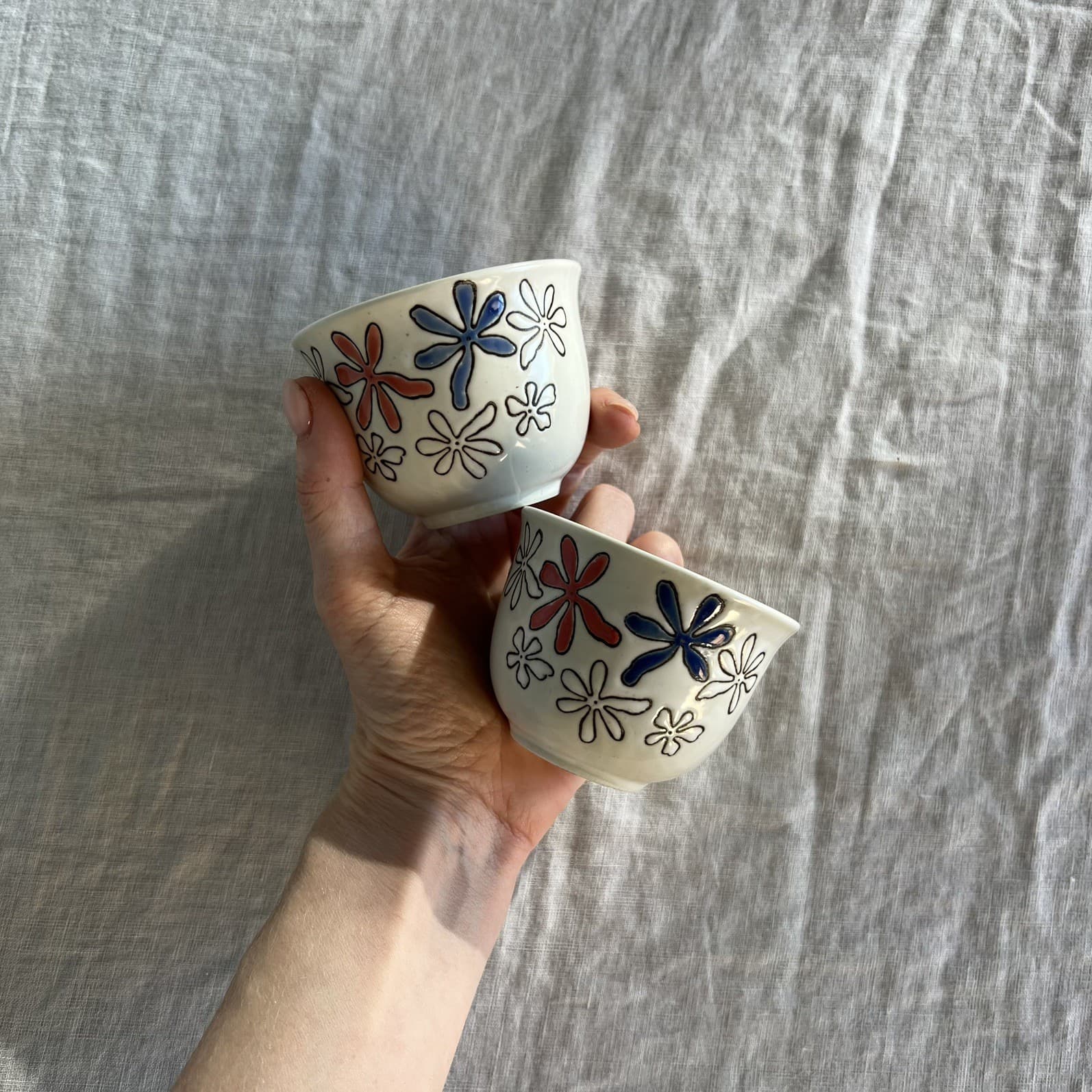 Vintage Japanese Tea Cups Set Of Two Handleless Blue Red Embossed Floral Ceramic — photo 2 of 7