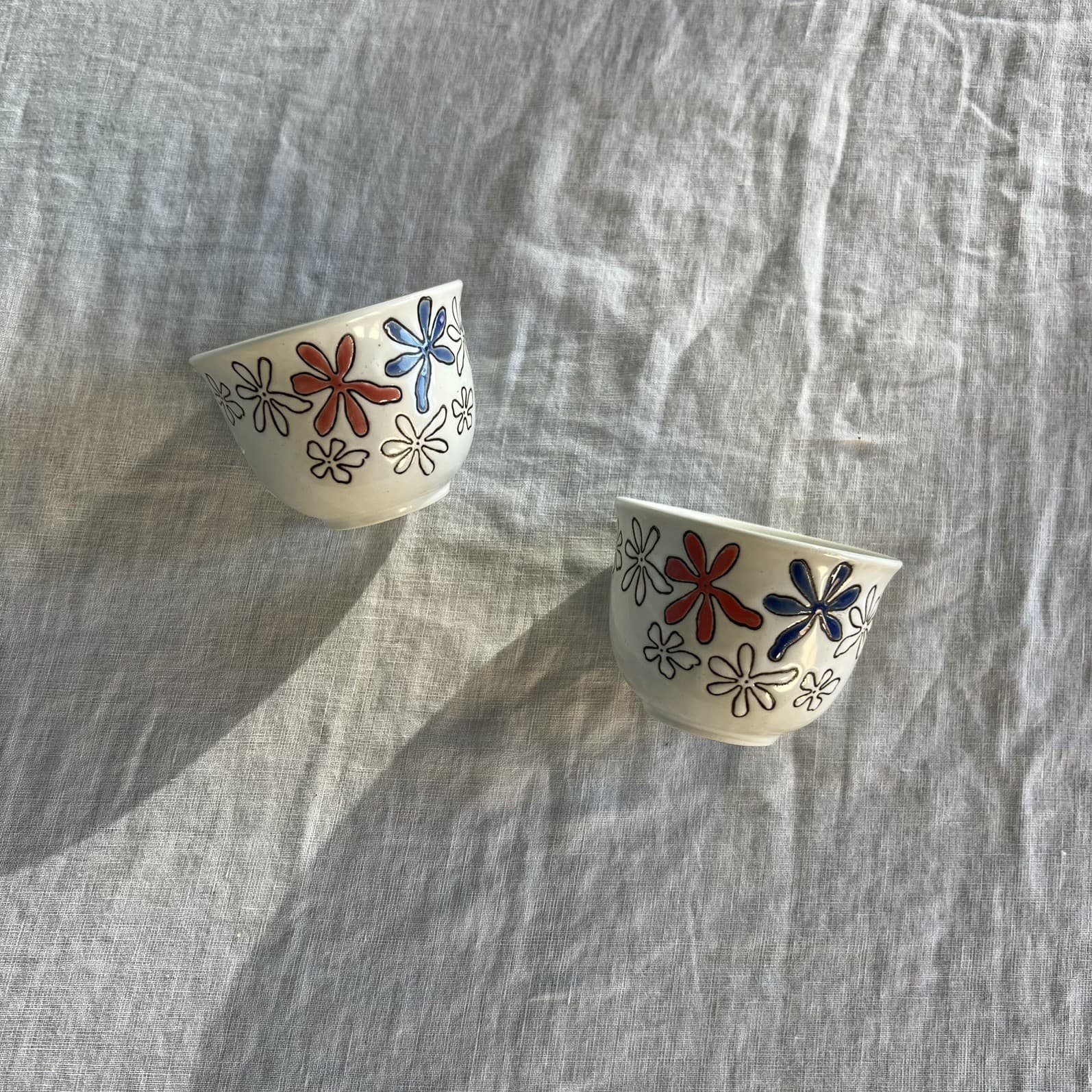 Vintage Japanese Tea Cups Set Of Two Handleless Blue Red Embossed Floral Ceramic — photo 3 of 7
