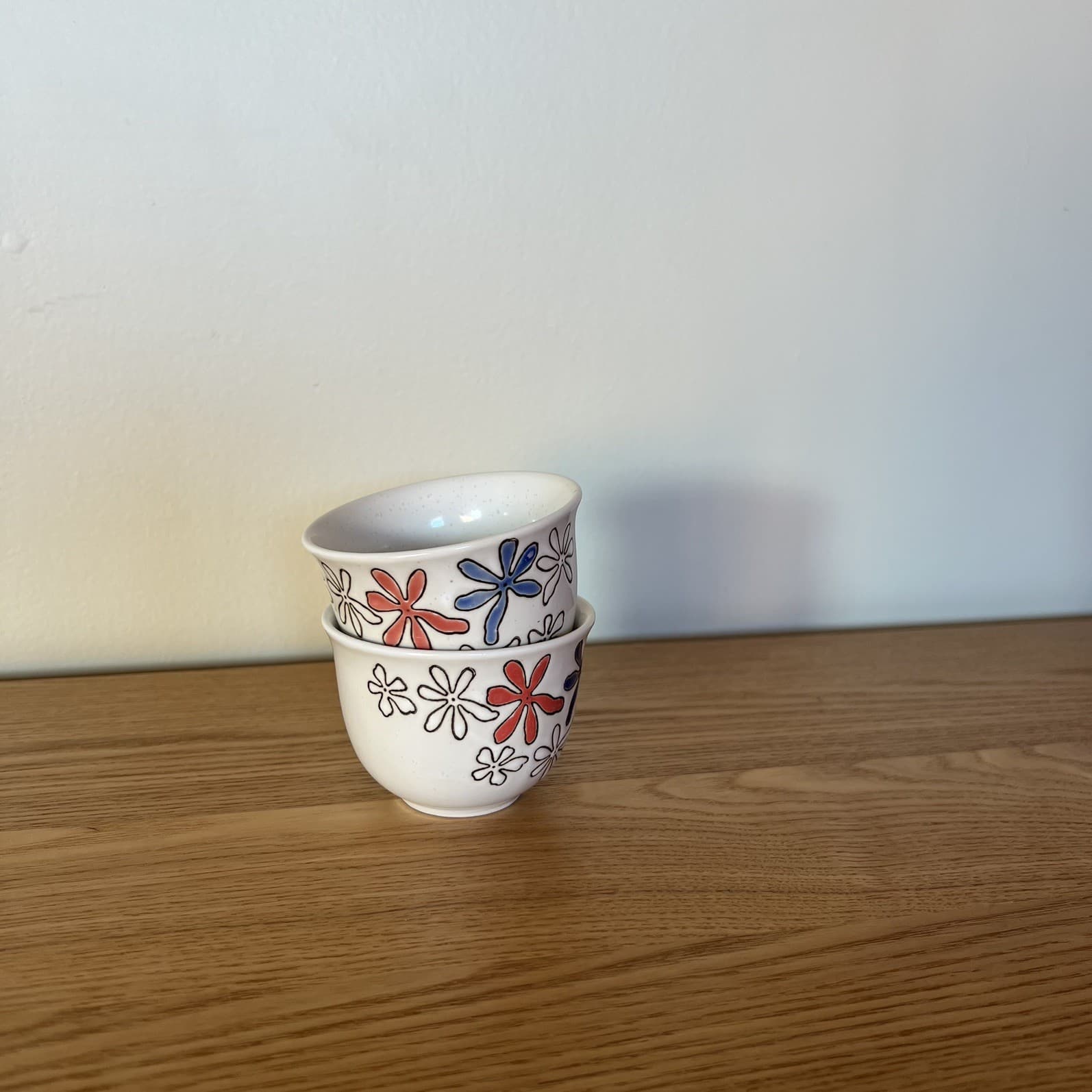 Vintage Japanese Tea Cups Set Of Two Handleless Blue Red Embossed Floral Ceramic — photo 6 of 7