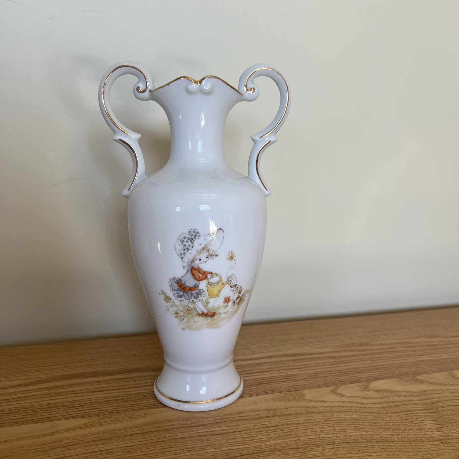 Cottagecore Vintage Porcelain Bud Vase Twin Scroll Handles Holly Hobbie Japan — photo 1 of 8