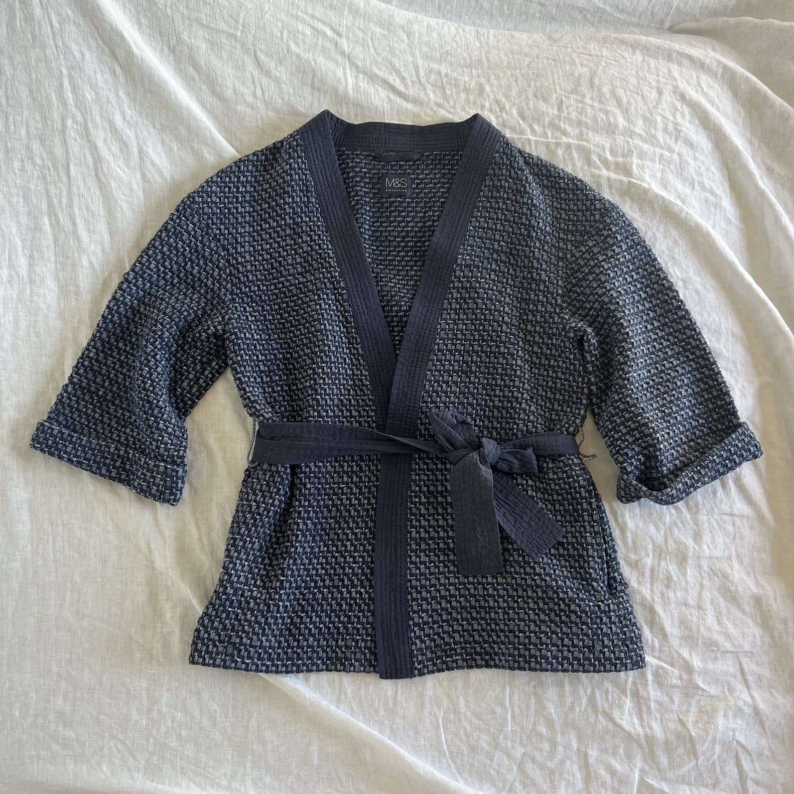 M&S Collection Woven Kimono Jacket Belted Blue Cotton Blend Wrap Size 10 — photo 1 of 9