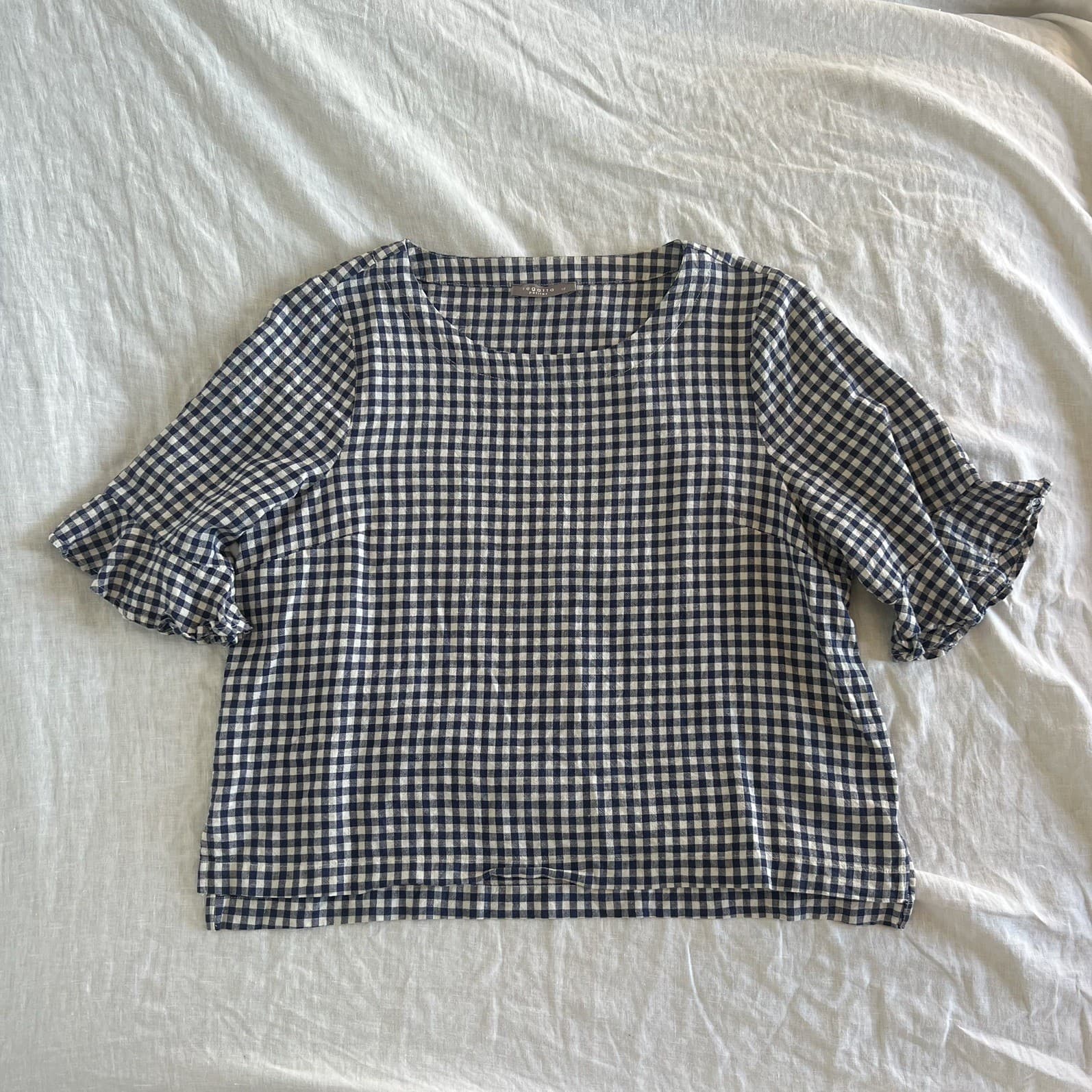 Navy Blue Gingham Linen Blend Top Prairie Cottagecore Ruffle Sleeve Blouse M — photo 1 of 8