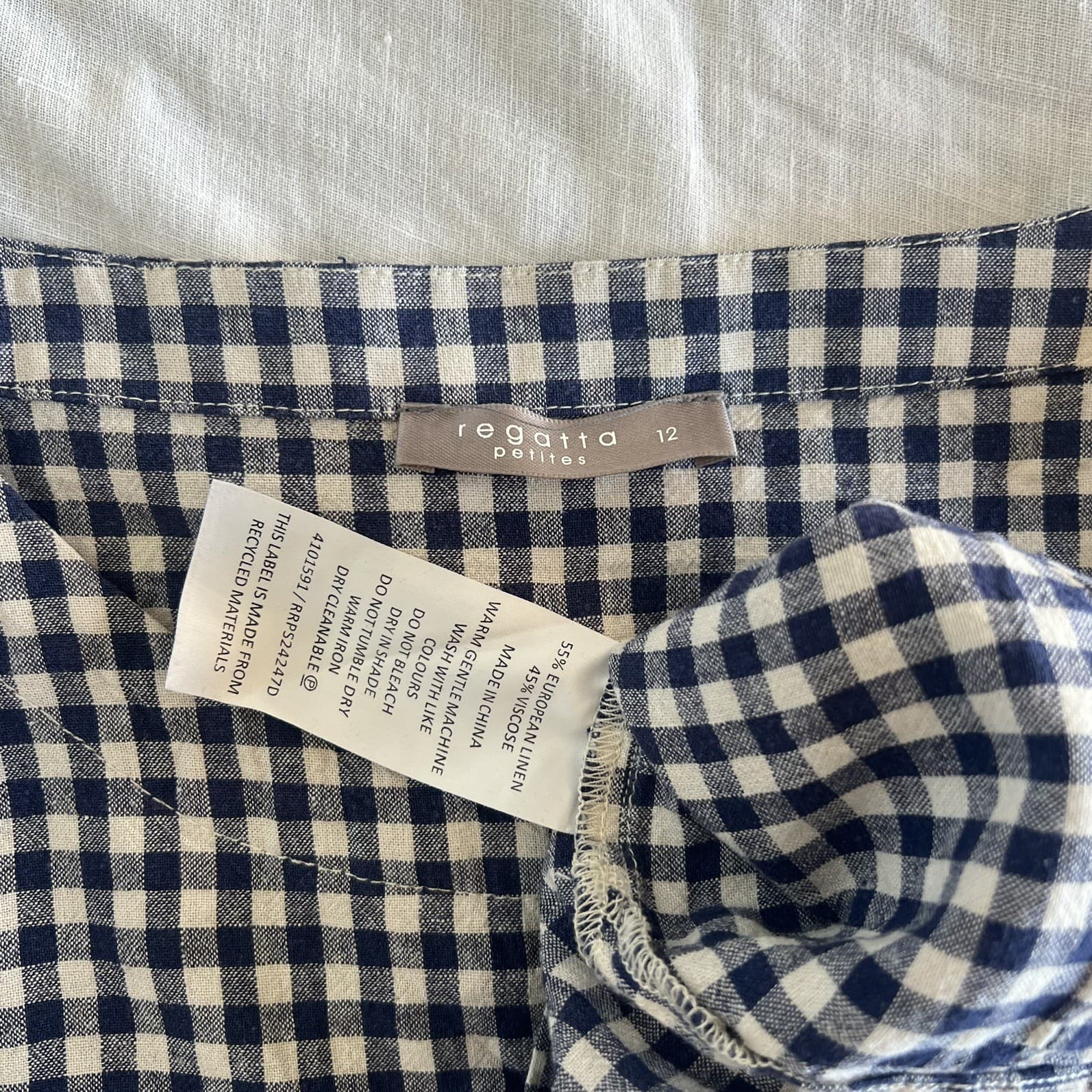 Navy Blue Gingham Linen Blend Top Prairie Cottagecore Ruffle Sleeve Blouse M — photo 3 of 8