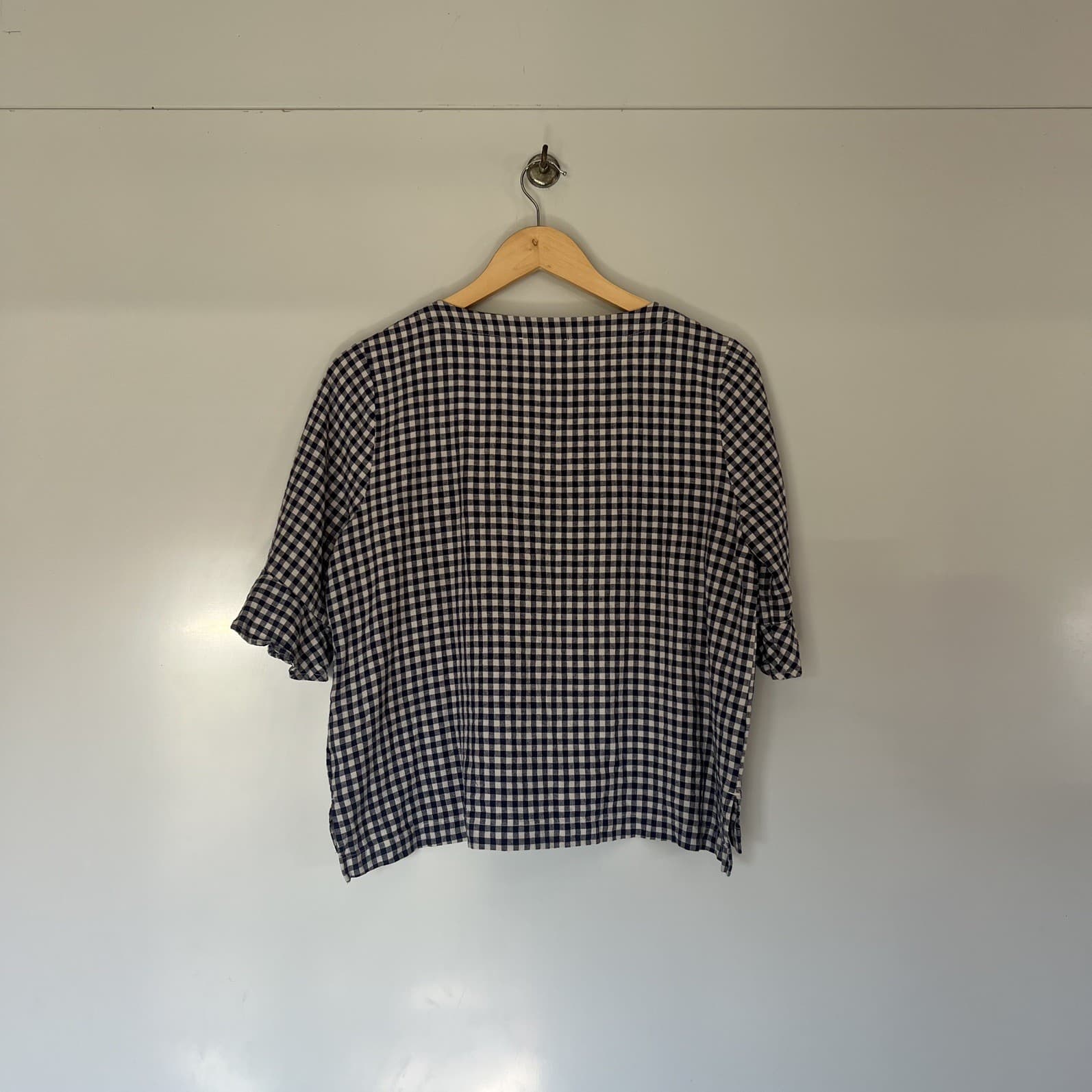 Navy Blue Gingham Linen Blend Top Prairie Cottagecore Ruffle Sleeve Blouse M — photo 5 of 8