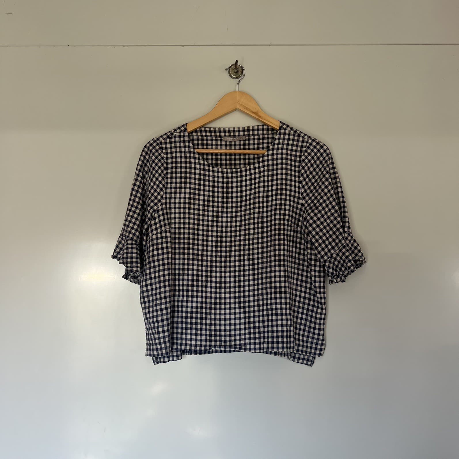 Navy Blue Gingham Linen Blend Top Prairie Cottagecore Ruffle Sleeve Blouse M — photo 6 of 8