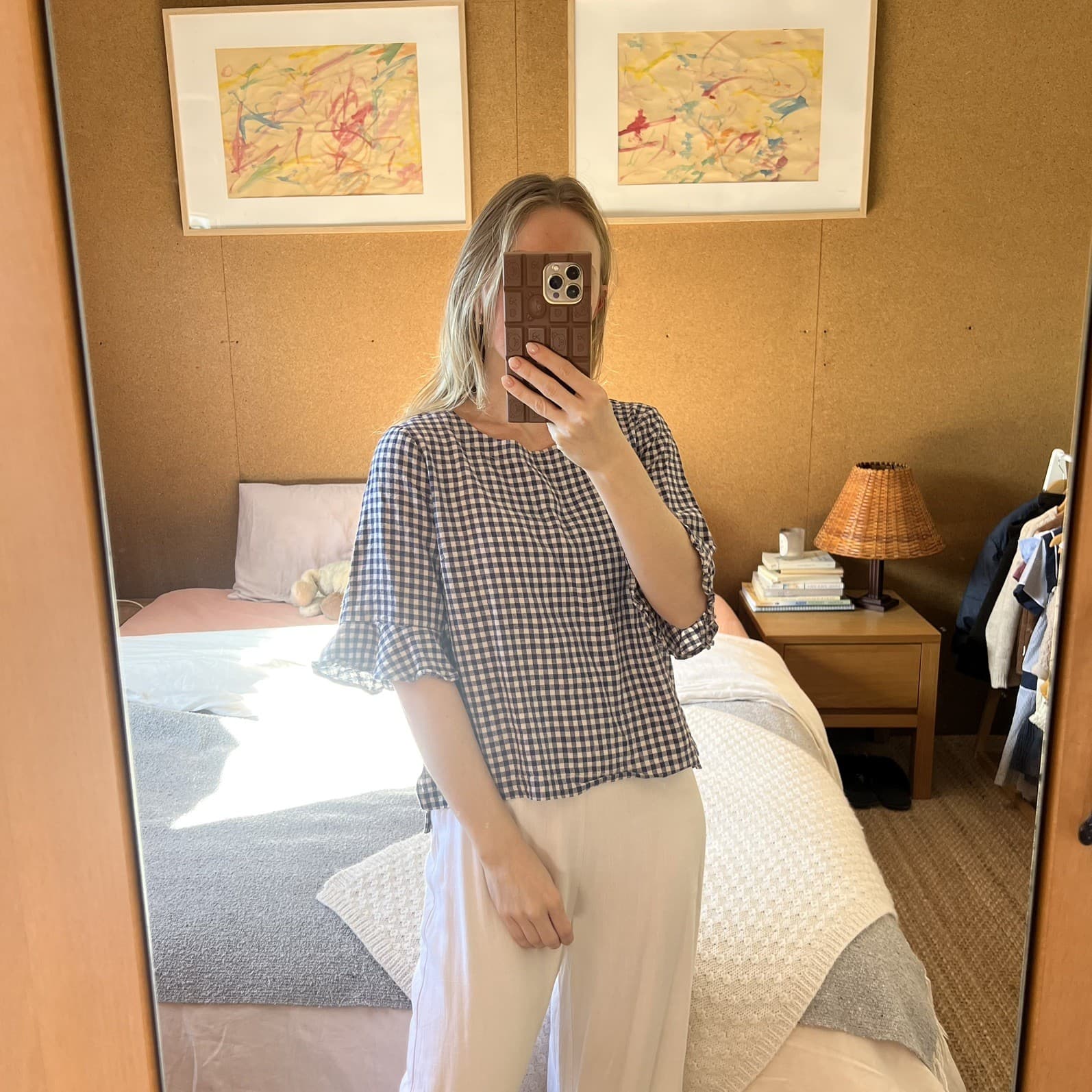 Navy Blue Gingham Linen Blend Top Prairie Cottagecore Ruffle Sleeve Blouse M — photo 7 of 8