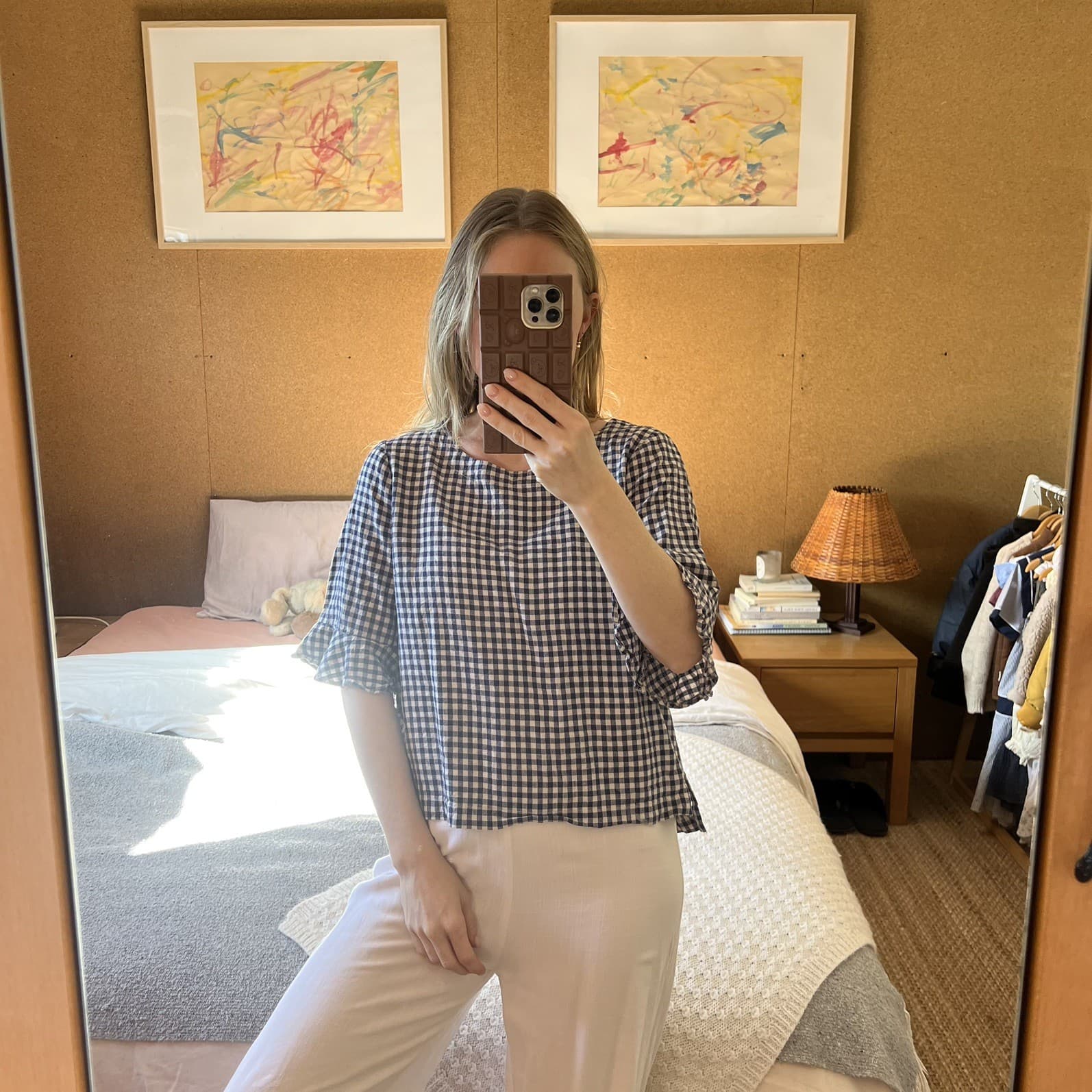 Navy Blue Gingham Linen Blend Top Prairie Cottagecore Ruffle Sleeve Blouse M — photo 8 of 8