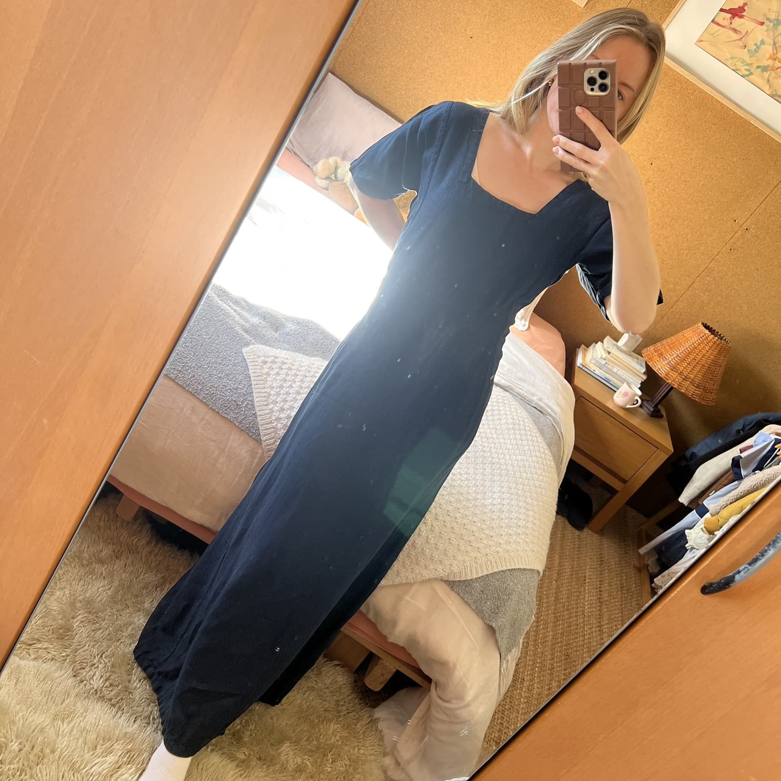 Navy Blue French Linen Dress Square Neck Tailored Short Sleeve Maxi Dress 10 12 — photo 1 of 11