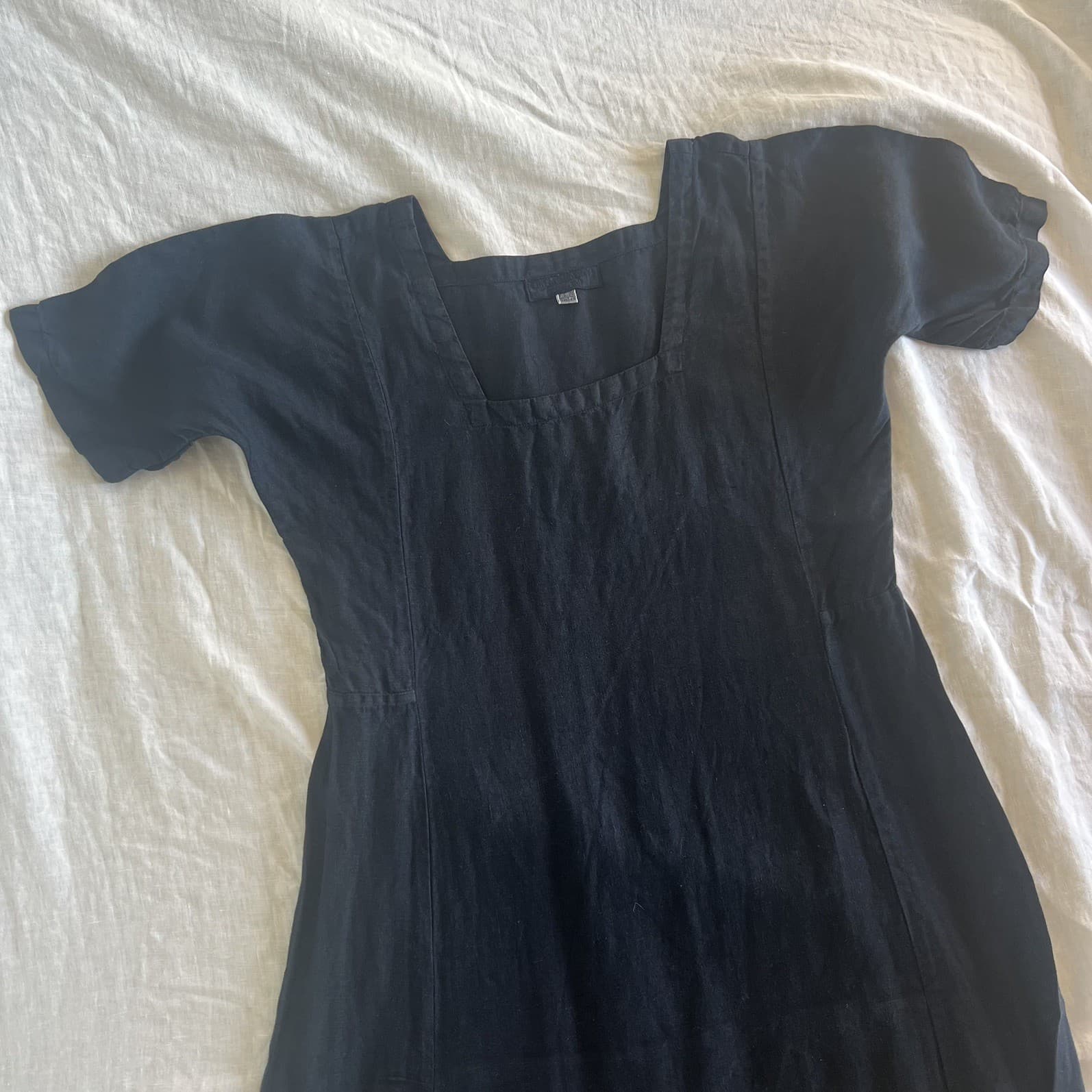Navy Blue French Linen Dress Square Neck Tailored Short Sleeve Maxi Dress 10 12 — photo 2 of 11