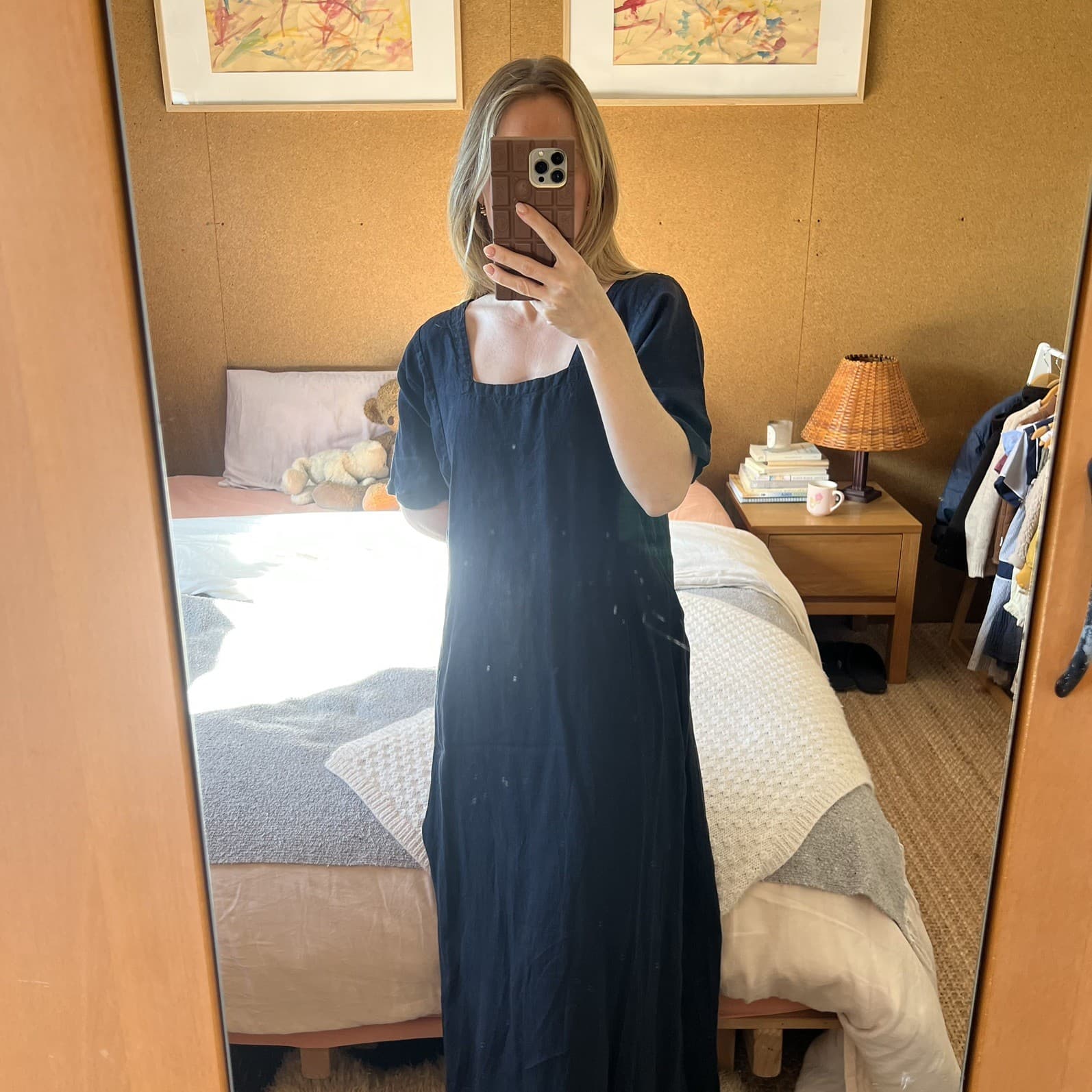 Navy Blue French Linen Dress Square Neck Tailored Short Sleeve Maxi Dress 10 12 — photo 11 of 11