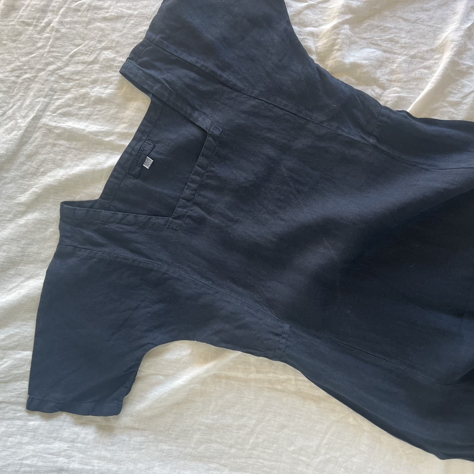 Navy Blue French Linen Dress Square Neck Tailored Short Sleeve Maxi Dress 10 12 — photo 4 of 11