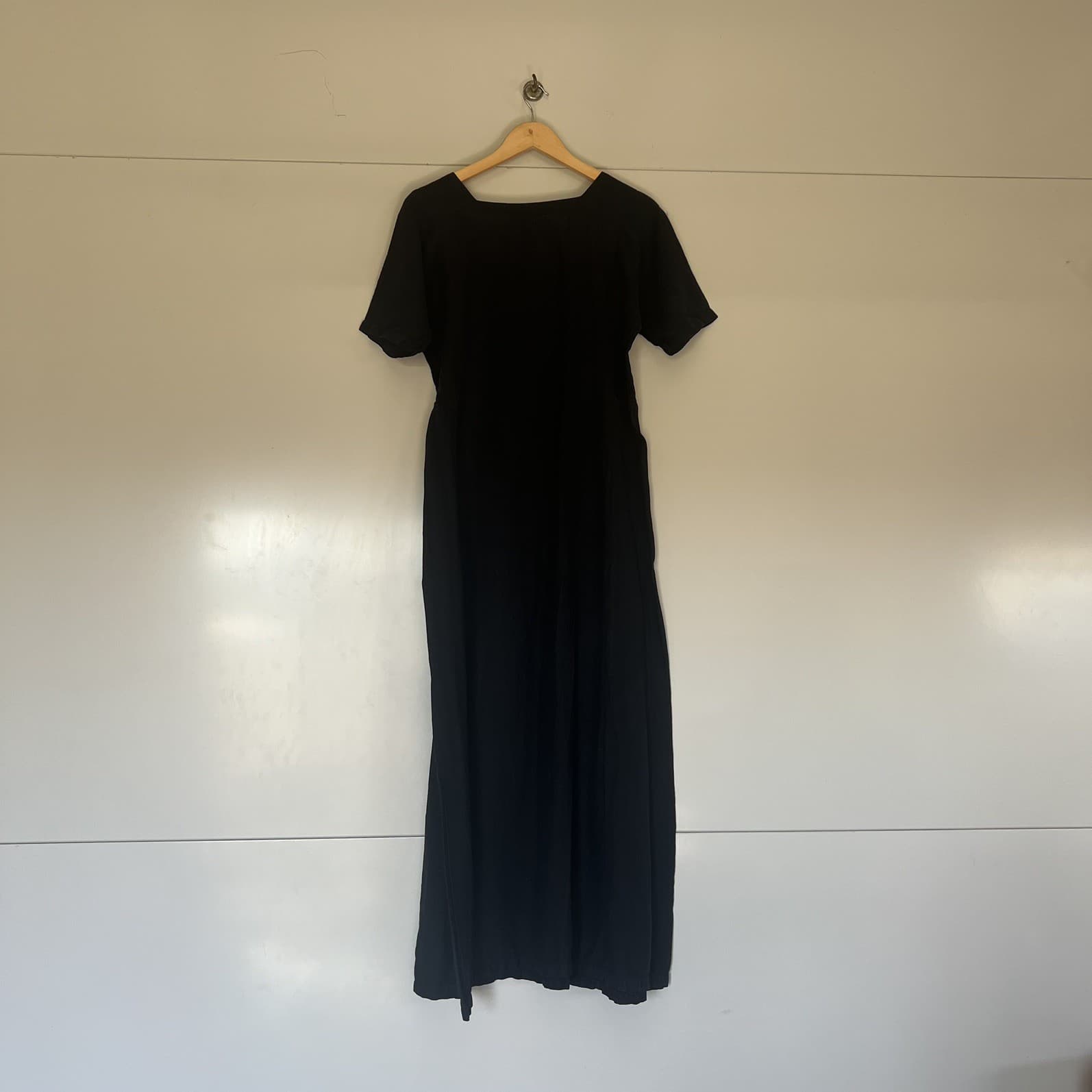 Navy Blue French Linen Dress Square Neck Tailored Short Sleeve Maxi Dress 10 12 — photo 5 of 11