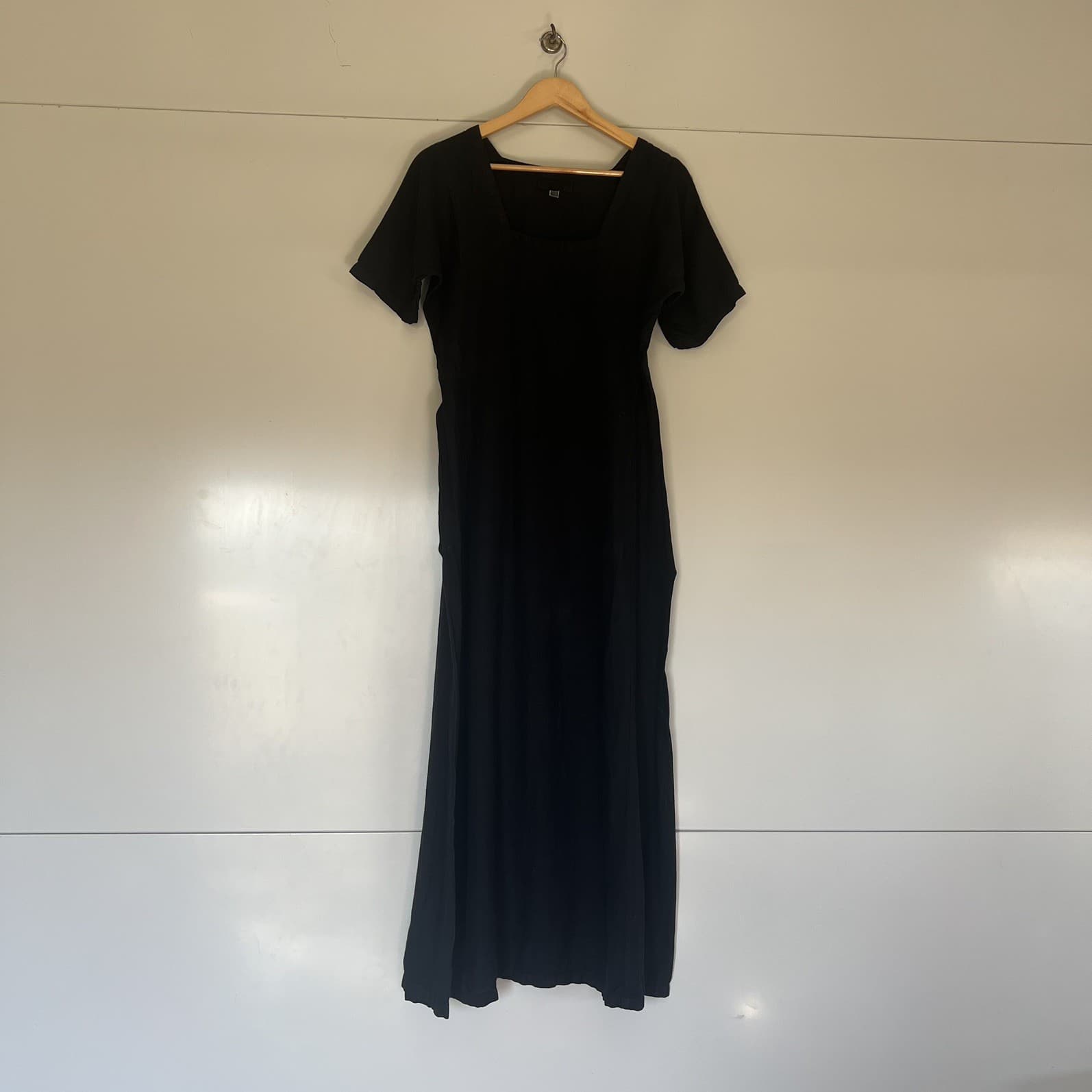 Navy Blue French Linen Dress Square Neck Tailored Short Sleeve Maxi Dress 10 12 — photo 7 of 11