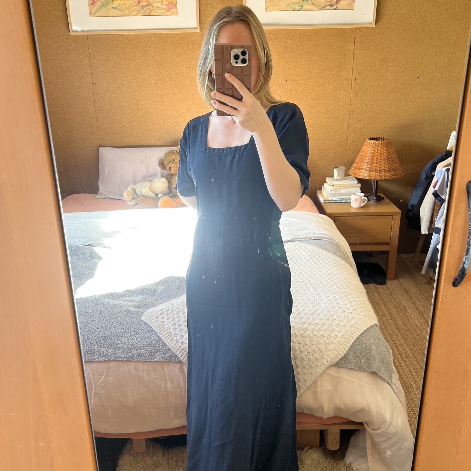 Navy Blue French Linen Dress Square Neck Tailored Short Sleeve Maxi Dress 10 12 — photo 8 of 11