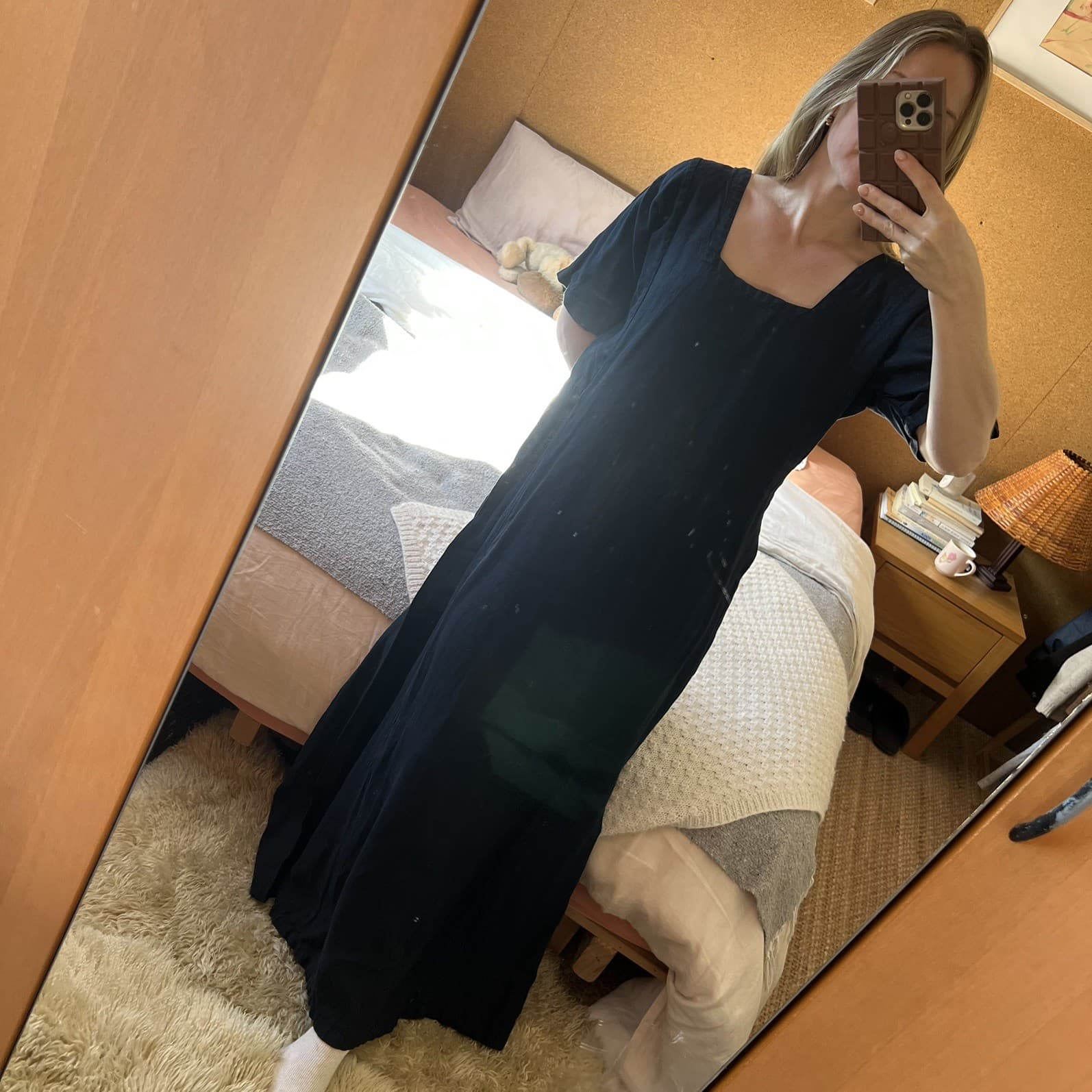 Navy Blue French Linen Dress Square Neck Tailored Short Sleeve Maxi Dress 10 12 — photo 9 of 11