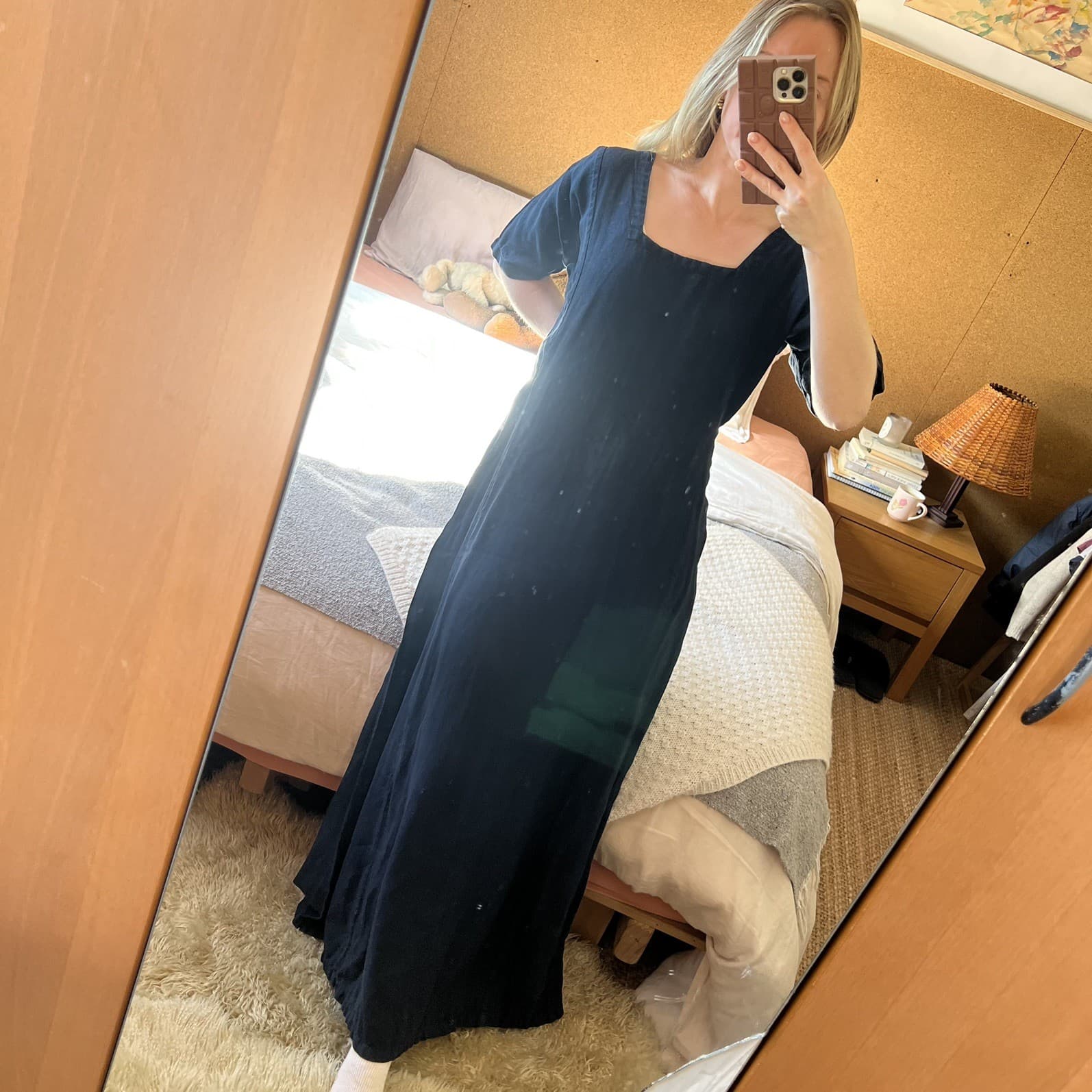 Navy Blue French Linen Dress Square Neck Tailored Short Sleeve Maxi Dress 10 12 — photo 10 of 11