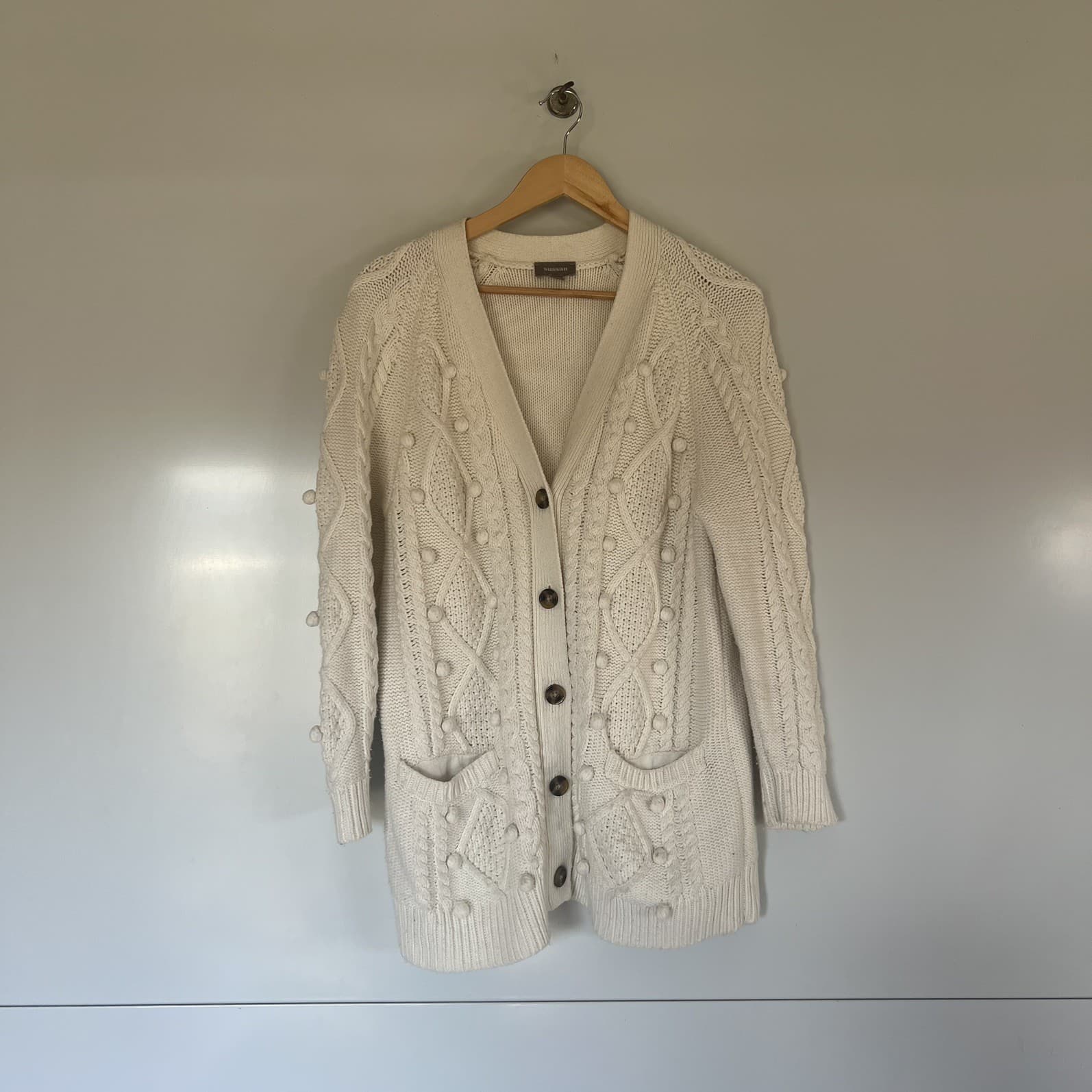Sussan Cream Cable Knit Cardigan Pom Pom Aran Longline Oversized Sweater Medium — photo 2 of 6