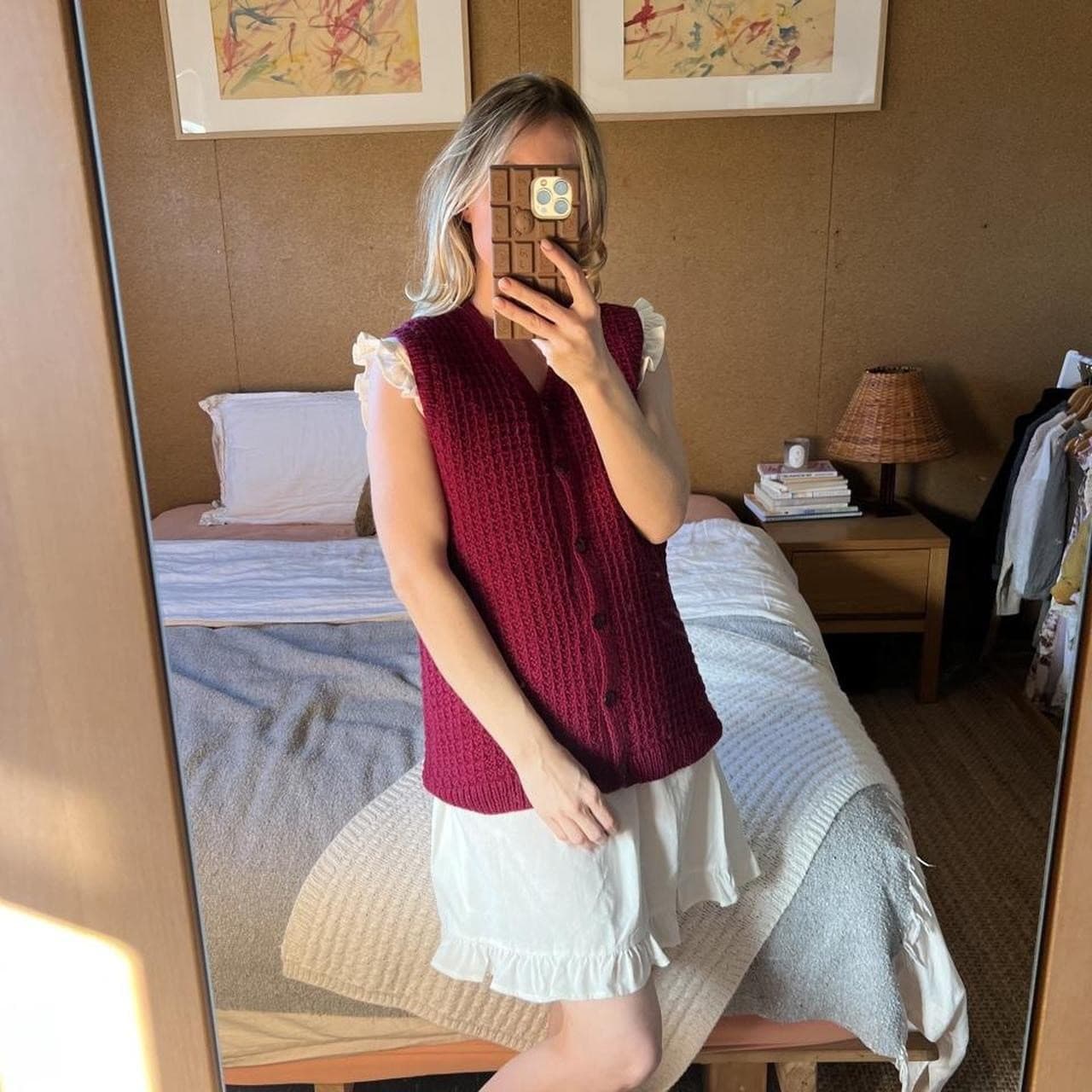 Handmade Cottagecore Waffle Knit Vest Burgundy Red Grandmacore Folk Layering M L — photo 3 of 8