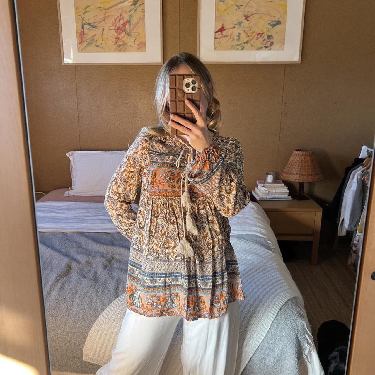 MUTIG Boho Floral Paisley Smock Blouse Top Rayon Tassel Spell Style Orange Small — photo 1 of 8