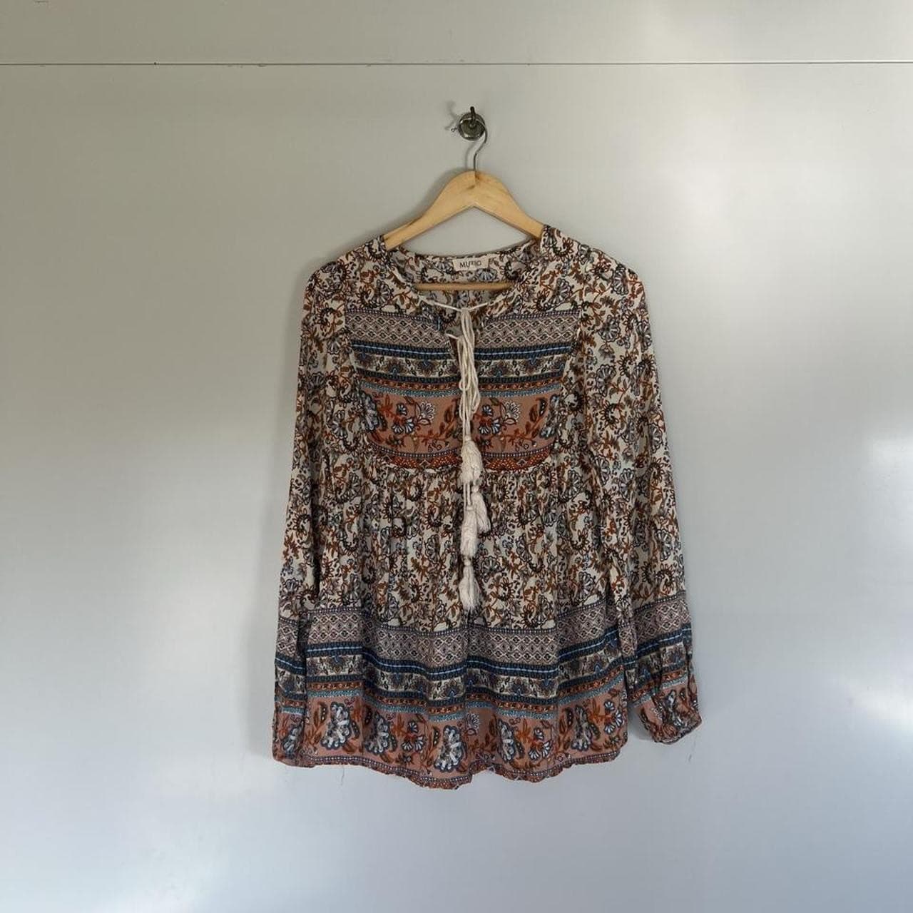 MUTIG Boho Floral Paisley Smock Blouse Top Rayon Tassel Spell Style Orange Small — photo 5 of 8