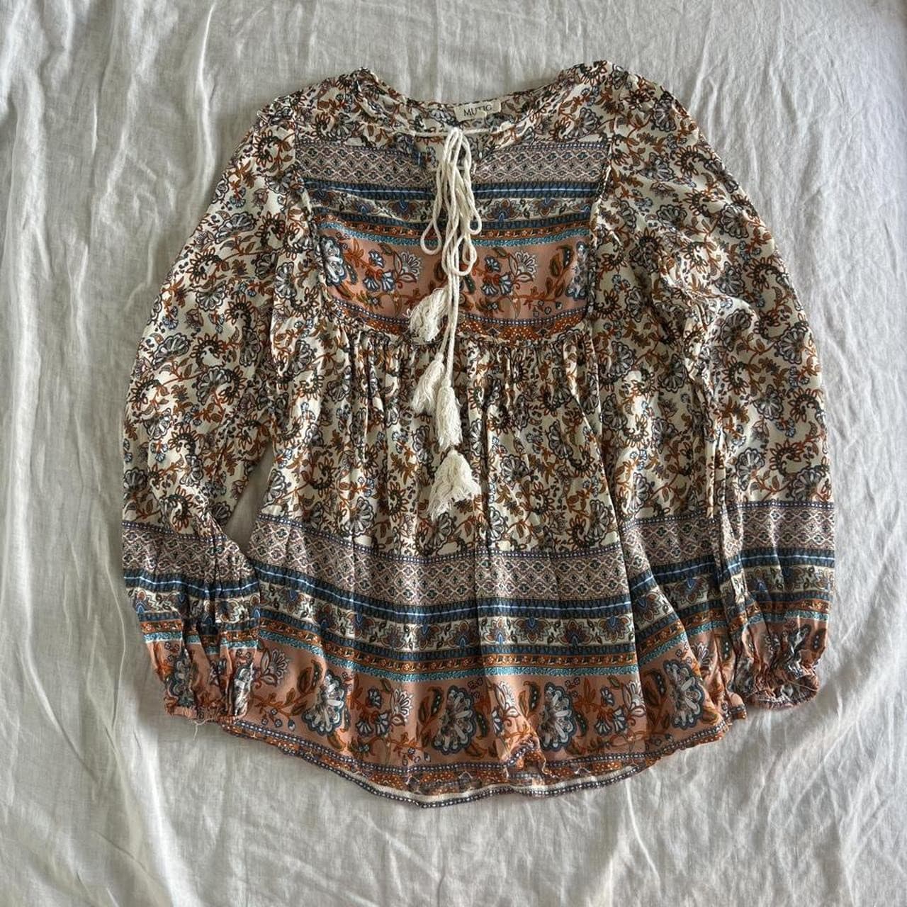 MUTIG Boho Floral Paisley Smock Blouse Top Rayon Tassel Spell Style Orange Small — photo 6 of 8