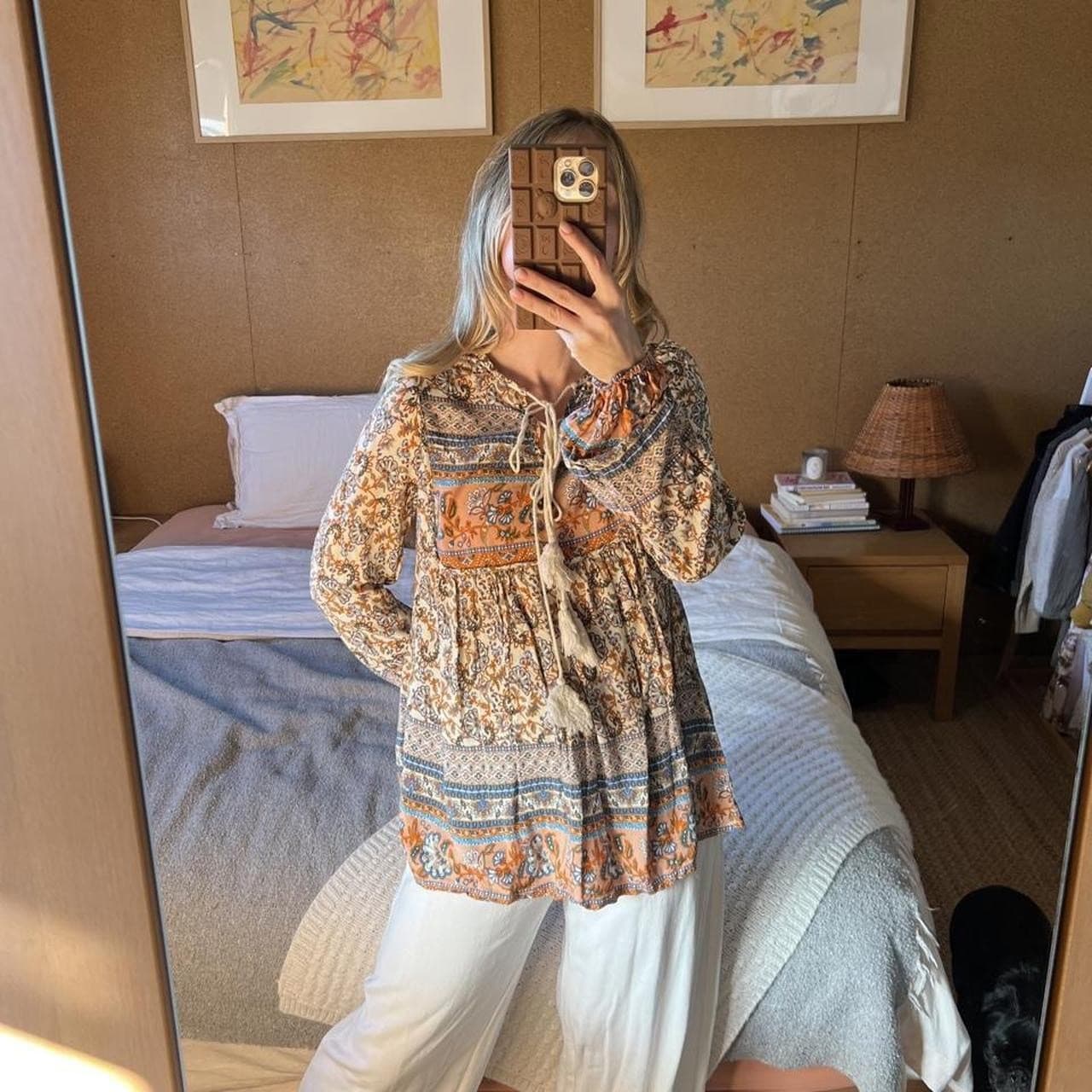 MUTIG Boho Floral Paisley Smock Blouse Top Rayon Tassel Spell Style Orange Small — photo 7 of 8