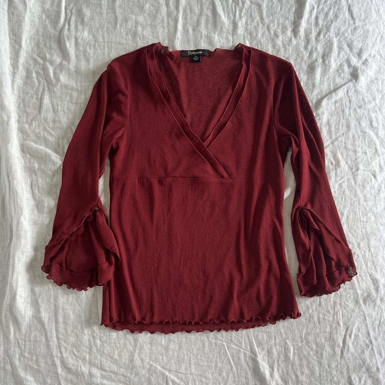 Vintage 90s Y2K Rockmans Burgundy Mesh Top Fluted Bell Sleeve Blouse Goth XS — photo 1 of 7