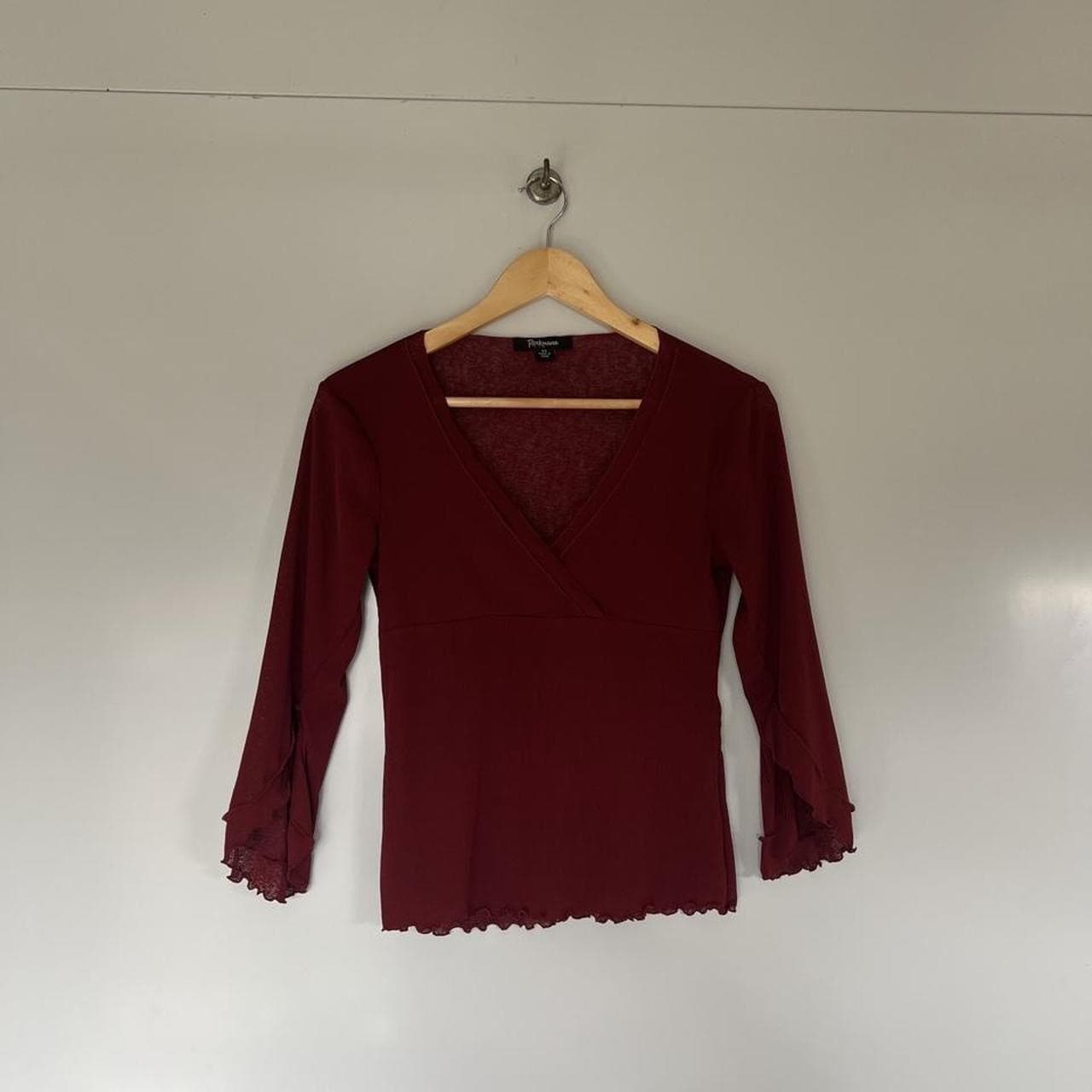 Vintage 90s Y2K Rockmans Burgundy Mesh Top Fluted Bell Sleeve Blouse Goth XS — photo 2 of 7
