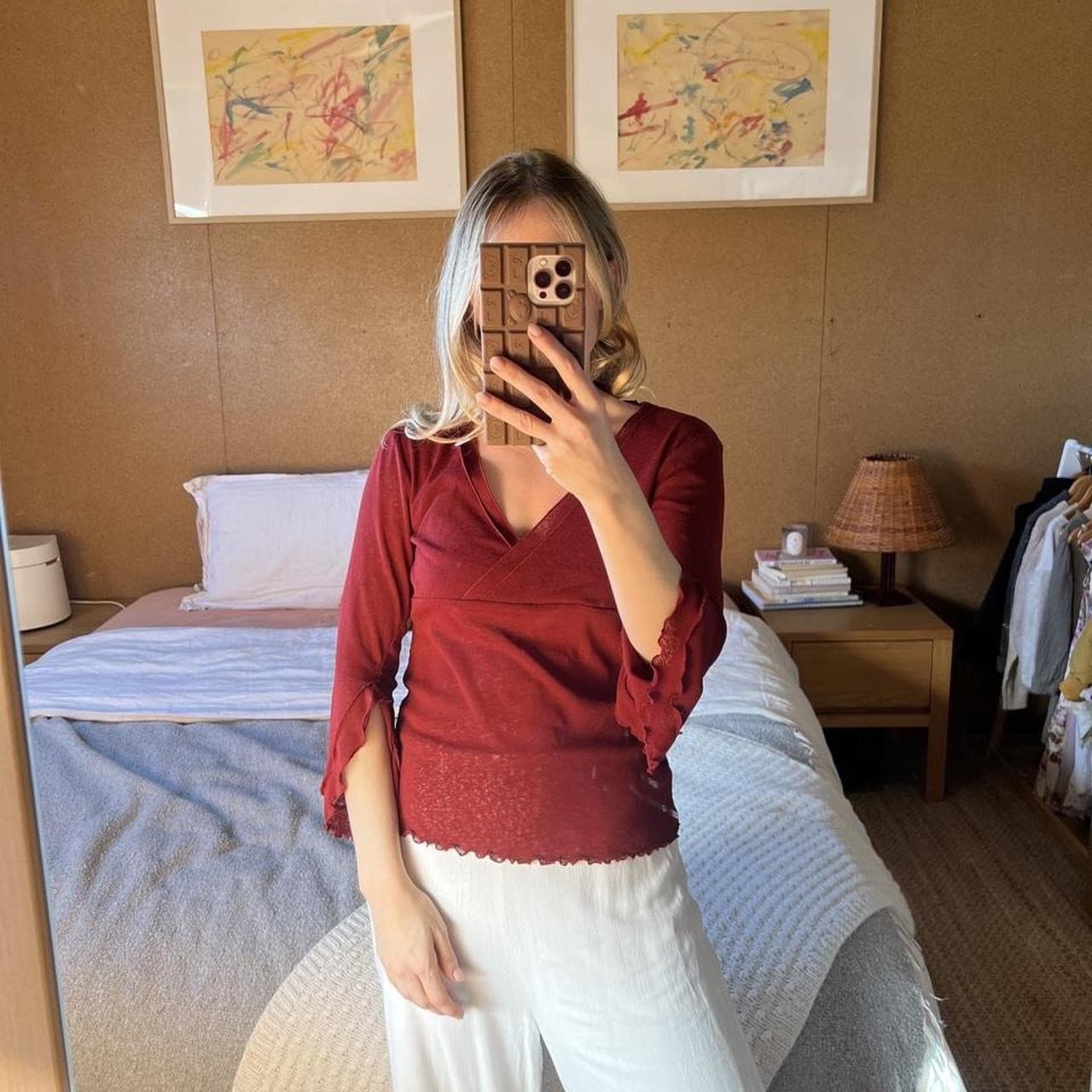 Vintage 90s Y2K Rockmans Burgundy Mesh Top Fluted Bell Sleeve Blouse Goth XS — photo 3 of 7